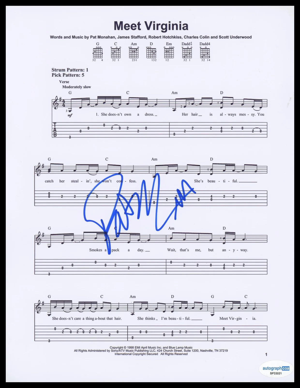 Pat Monahan — Pat Monahan "Train" AUTOGRAPH Signed 'Meet Virginia' 8.5x11 Sheet Music ACOA