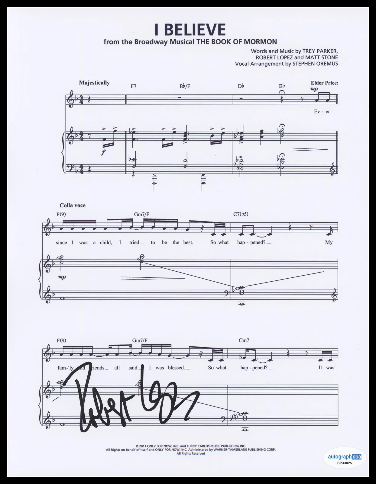 Robert Lopez — Robert Lopez "The Book of Mormon" Composer SIGNED 'I Believe' Sheet Music ACOA