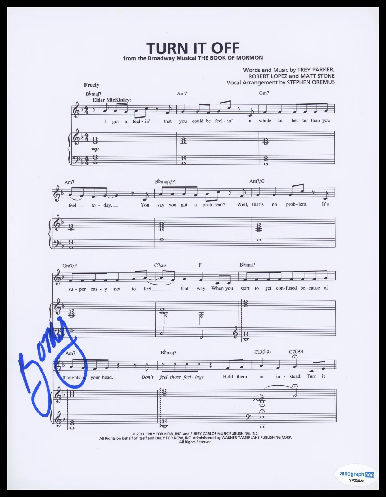 Rory O'Malley — Rory O'Malley "The Book of Mormon" SIGNED 'Turn It Off' 8.5x11 Sheet Music ACOA