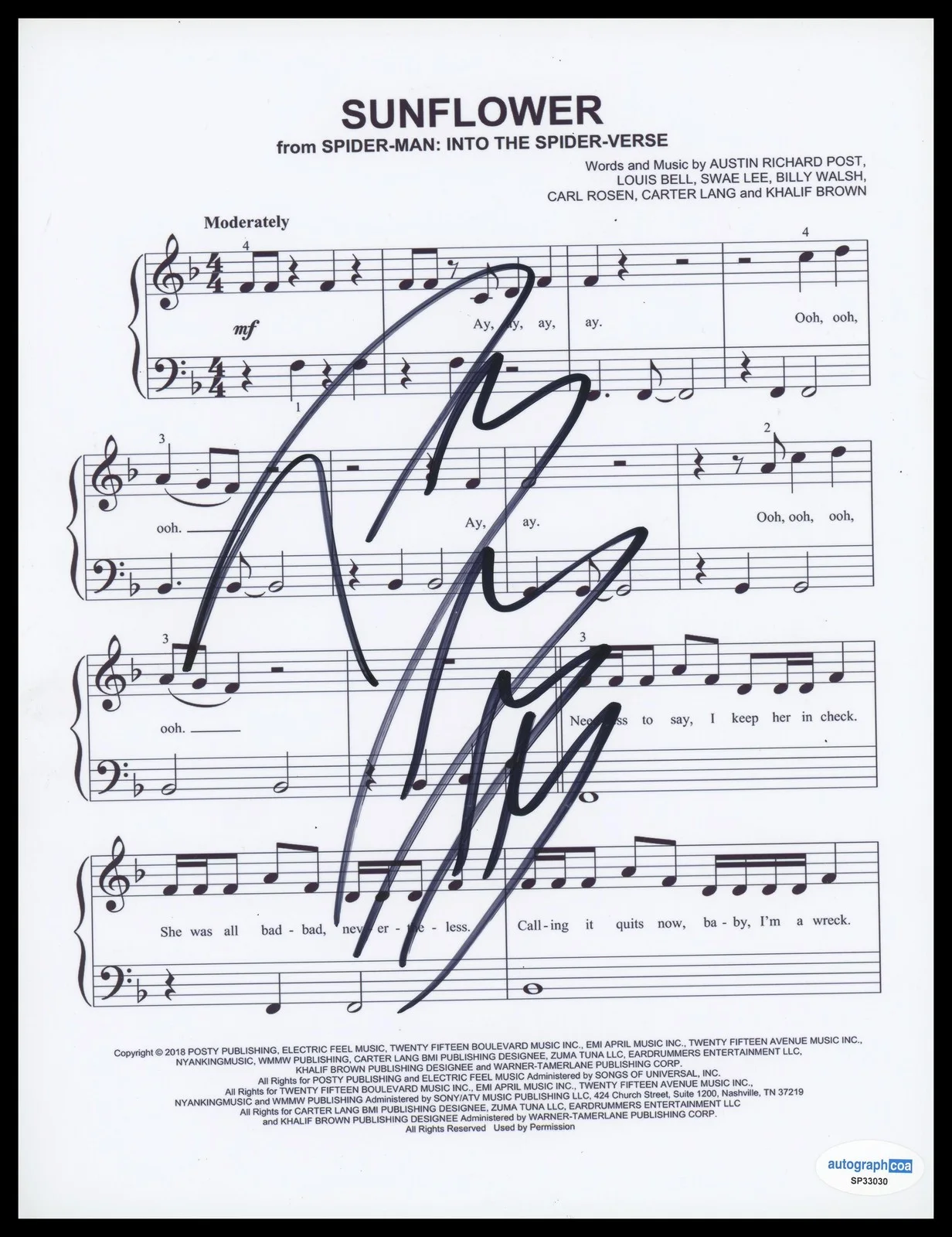 Post Malone — Post Malone "Spider-Man: Into the Spider-Verse" SIGNED 'Sunflower' Sheet Music