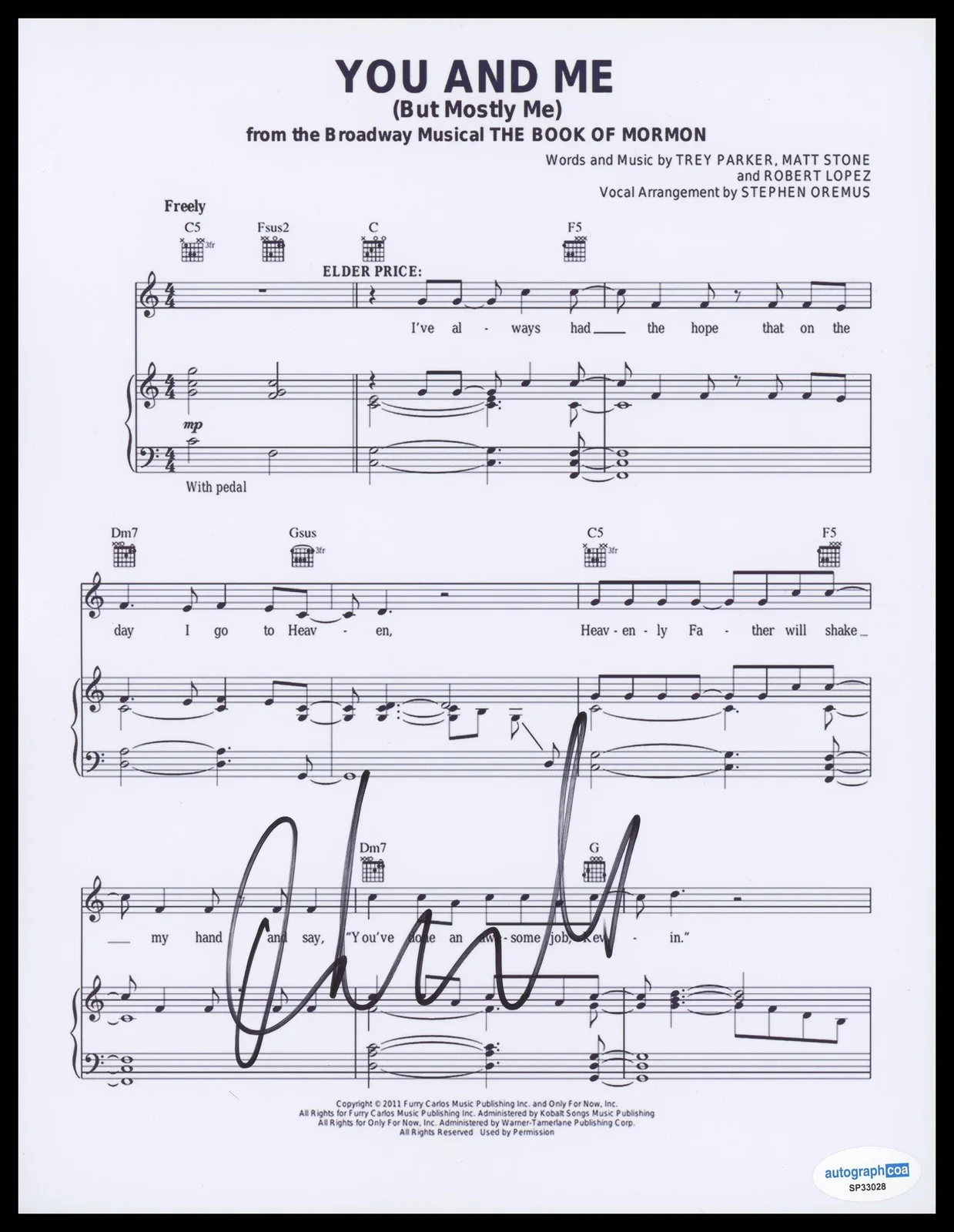 Andrew Rannells — Andrew Rannells "Book of Mormon" SIGNED 'You and Me (But Mostly Me)' Sheet Music