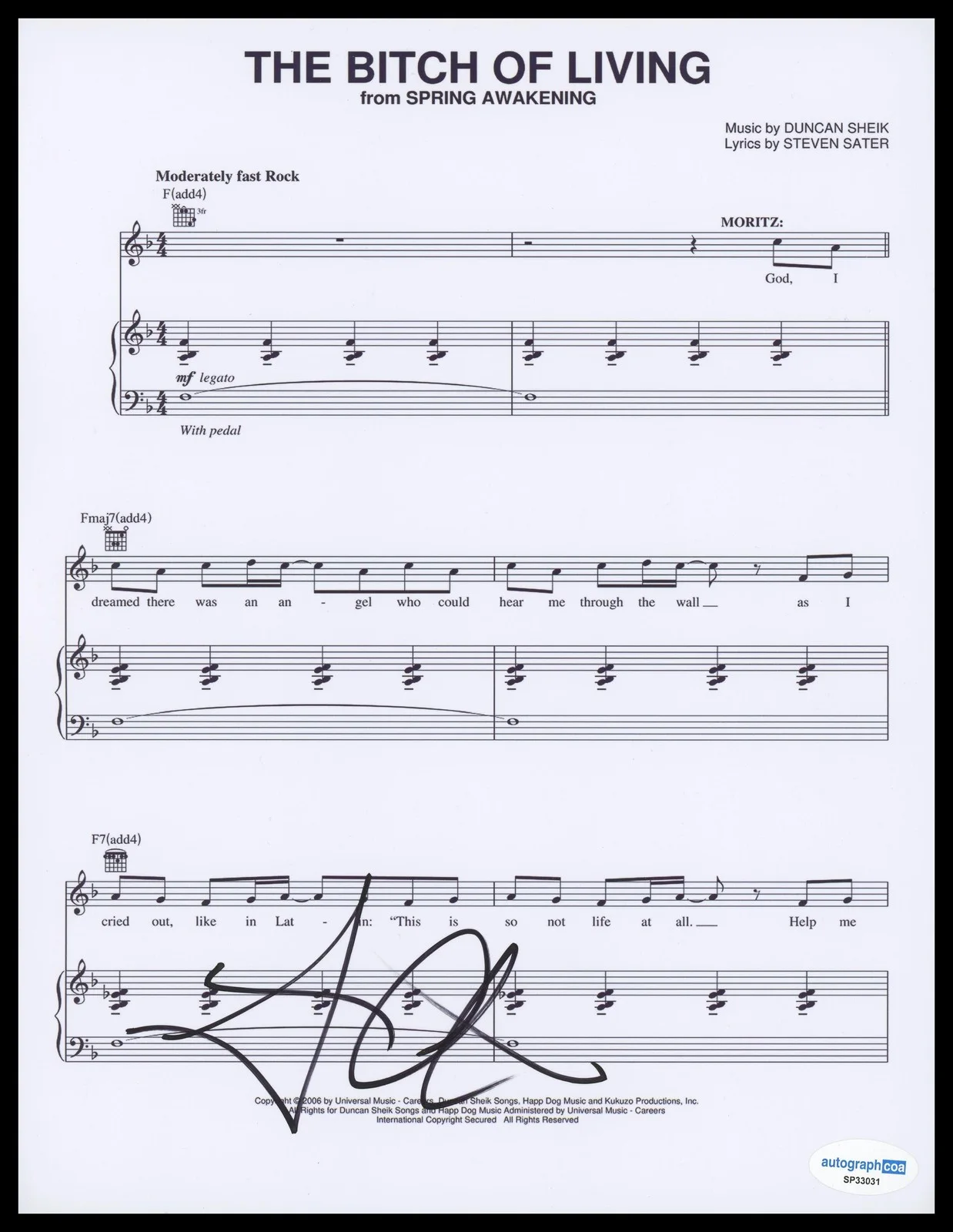 Skylar Astin — Skylar Astin "Spring Awakening" SIGNED 'The Bitch of Living' Sheet Music ACOA