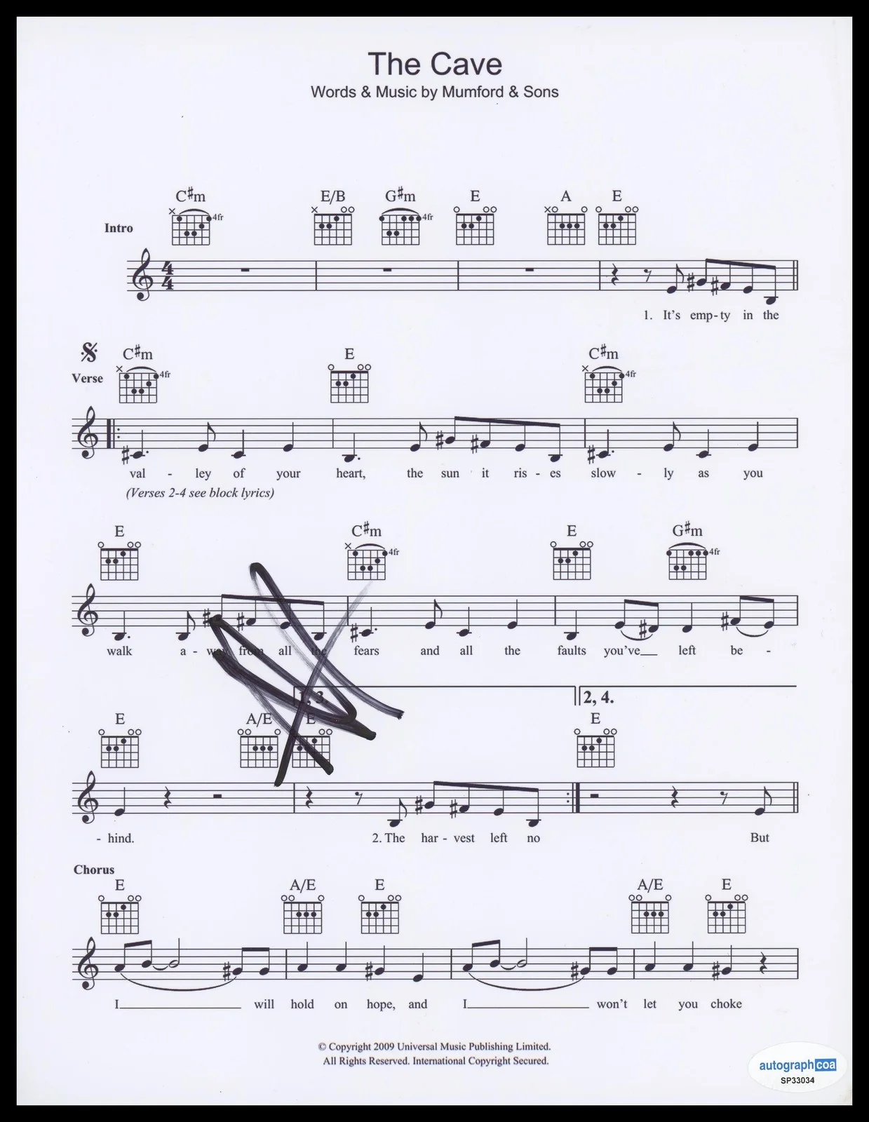 Marcus Mumford — Marcus Mumford "Mumford & Sons" AUTOGRAPH Signed 'The Cave' Sheet Music B ACOA