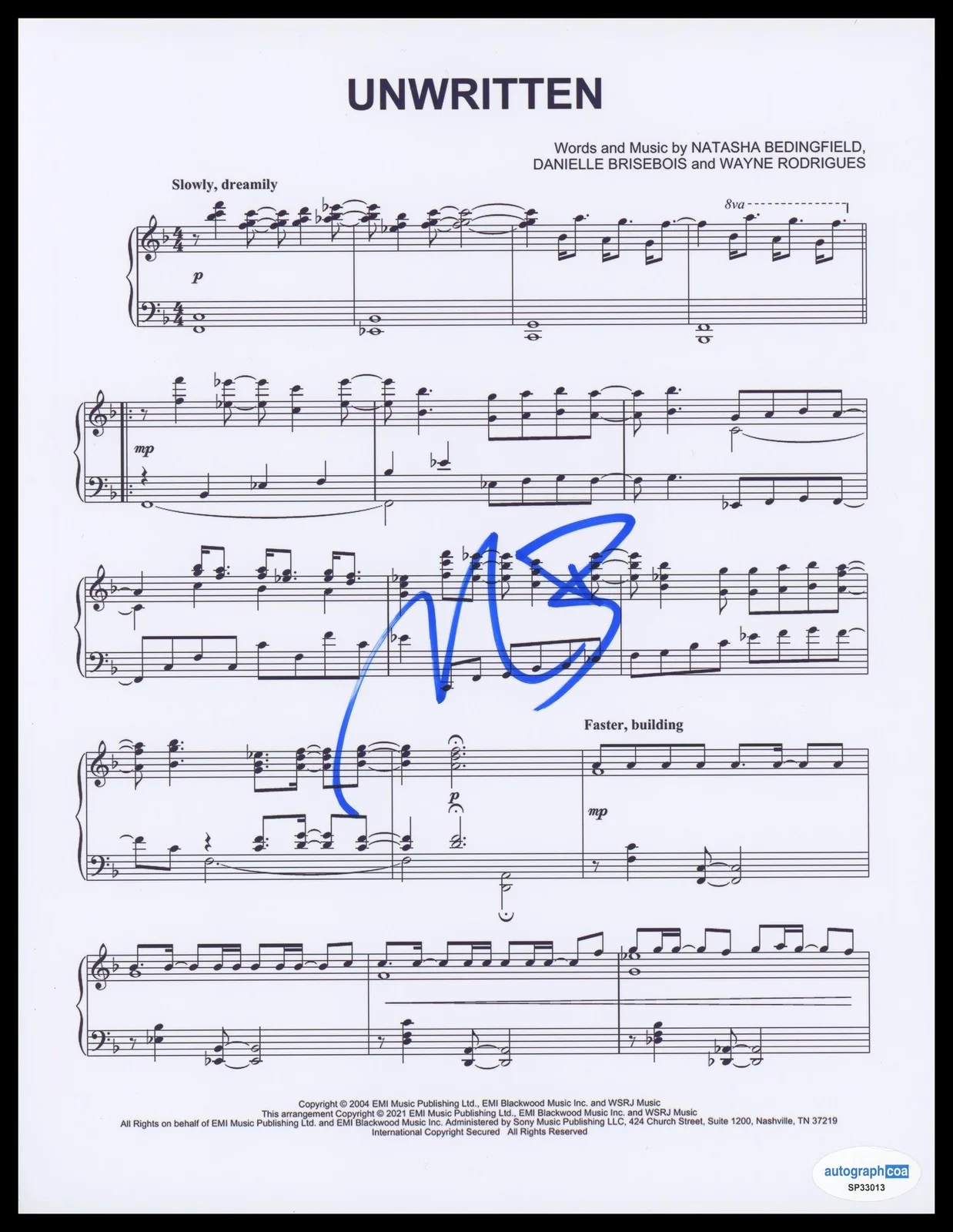 Natasha Bedingfield — Natasha Bedingfield "Unwritten" AUTOGRAPH Signed 8.5x11 Sheet Music ACOA