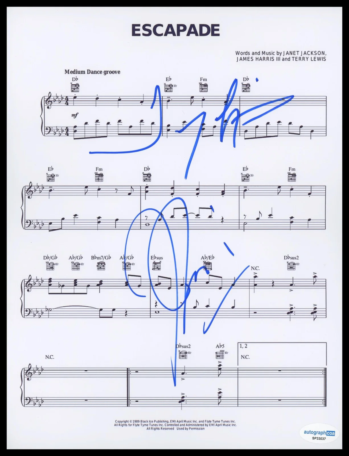 Jimmy Jam, Terry Lewis — Terry Lewis & Jimmy Jam "Escapade" AUTOGRAPHS Signed 8.5x11 Sheet Music ACOA