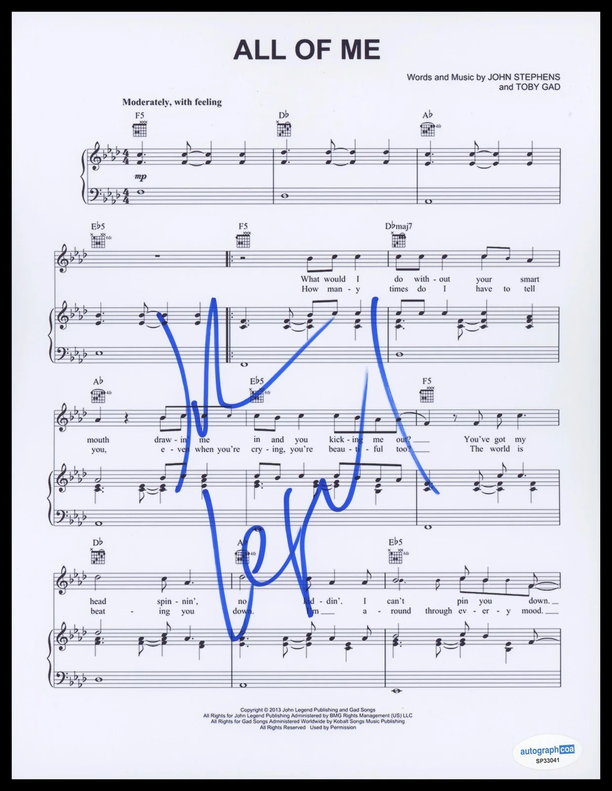 John Legend — John Legend "Love in the Future" AUTOGRAPH Signed 'All of Me' Sheet Music B ACOA