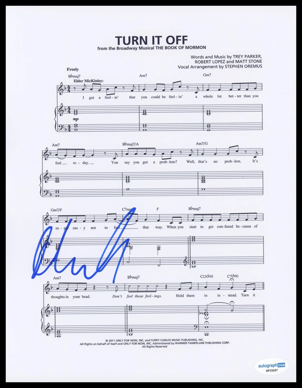 Andrew Rannells — Andrew Rannells "The Book of Mormon" AUTOGRAPH Signed 'Turn It Off' Sheet Music