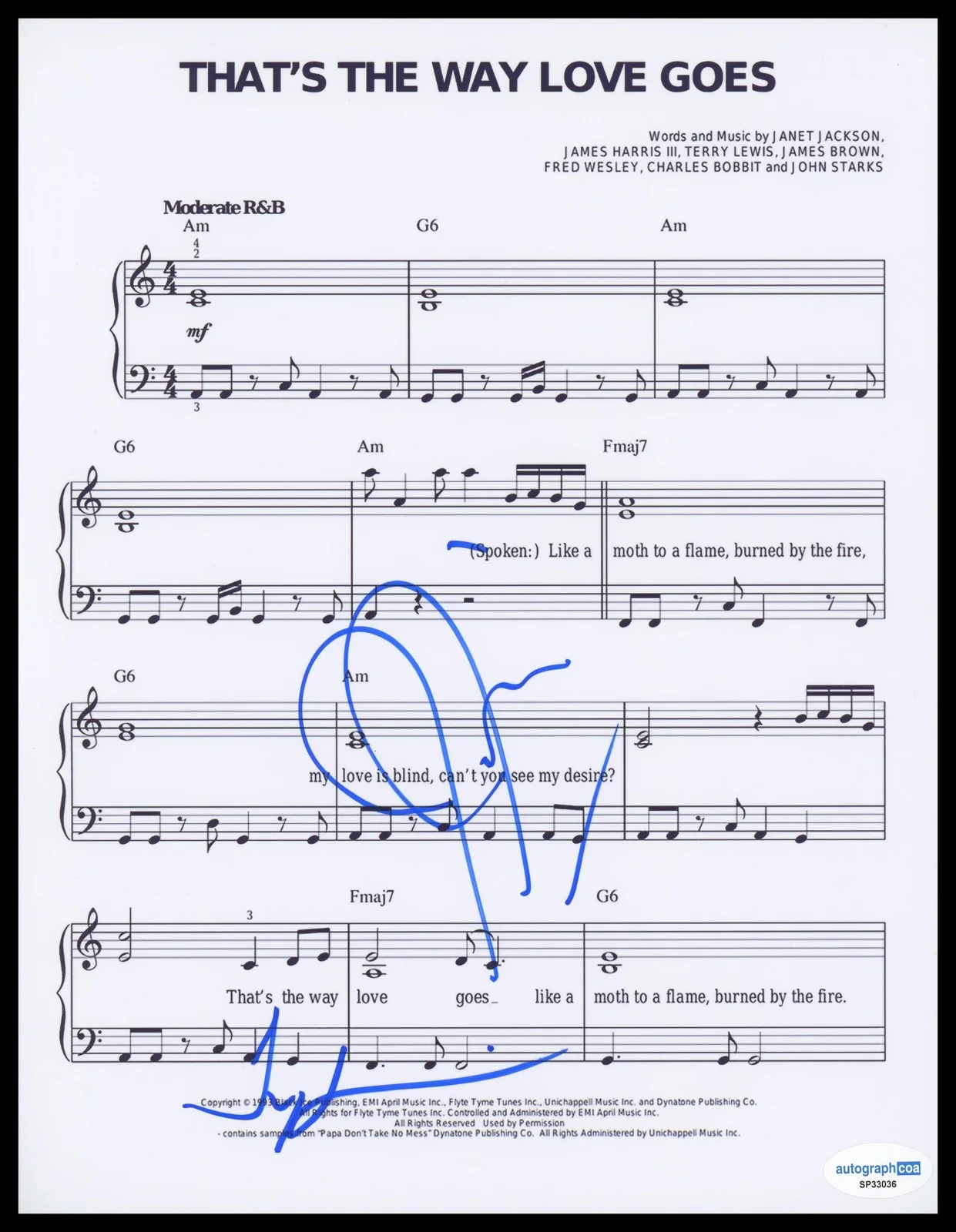 Jimmy Jam, Terry Lewis — Terry Lewis & Jimmy Jam "That's the Way Love Goes" AUTOGRAPHS Signed Sheet Music