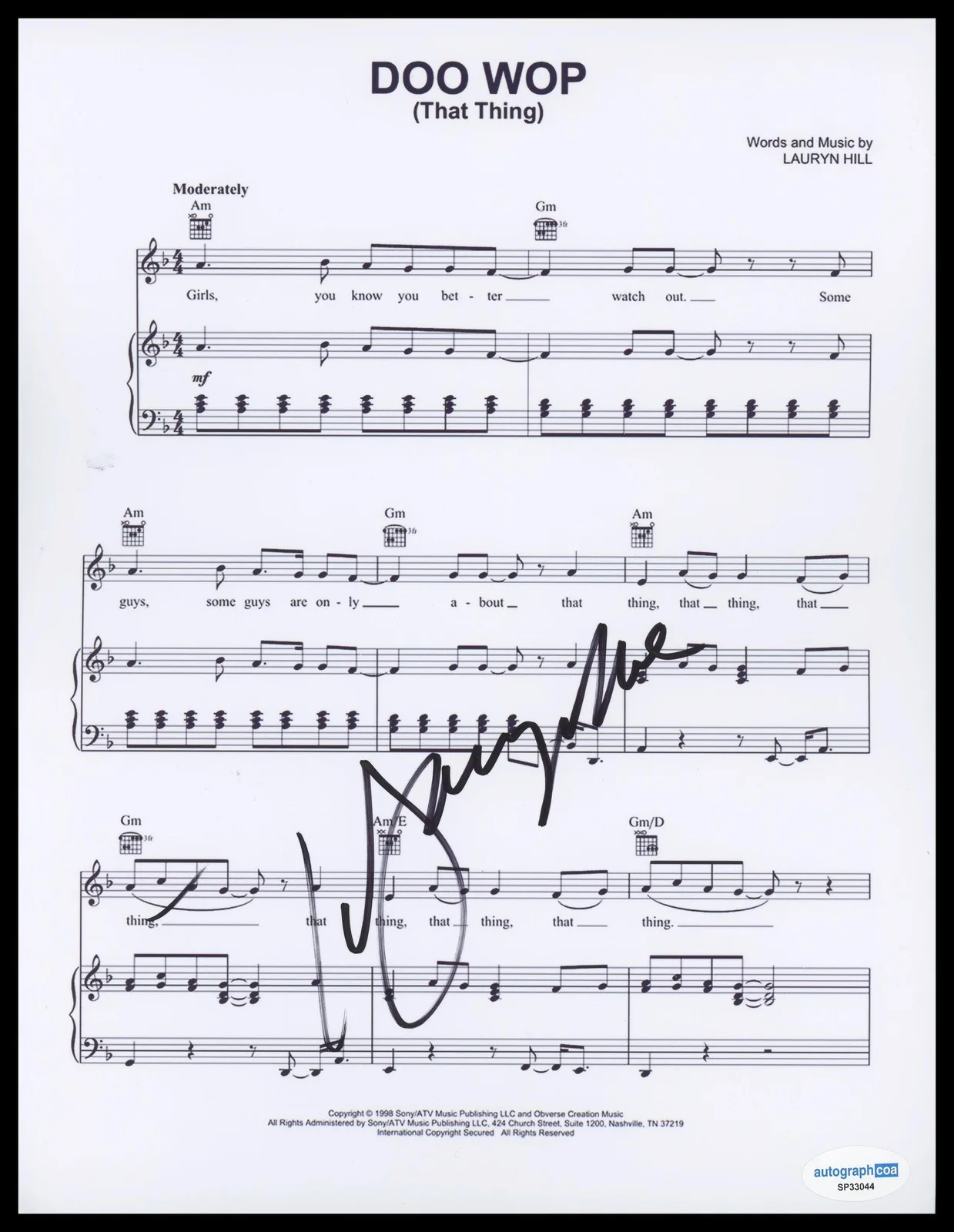 Lauryn Hill — Lauryn Hill "Doo Wop (That Thing)" AUTOGRAPH Signed 8.5x11 Sheet Music ACOA