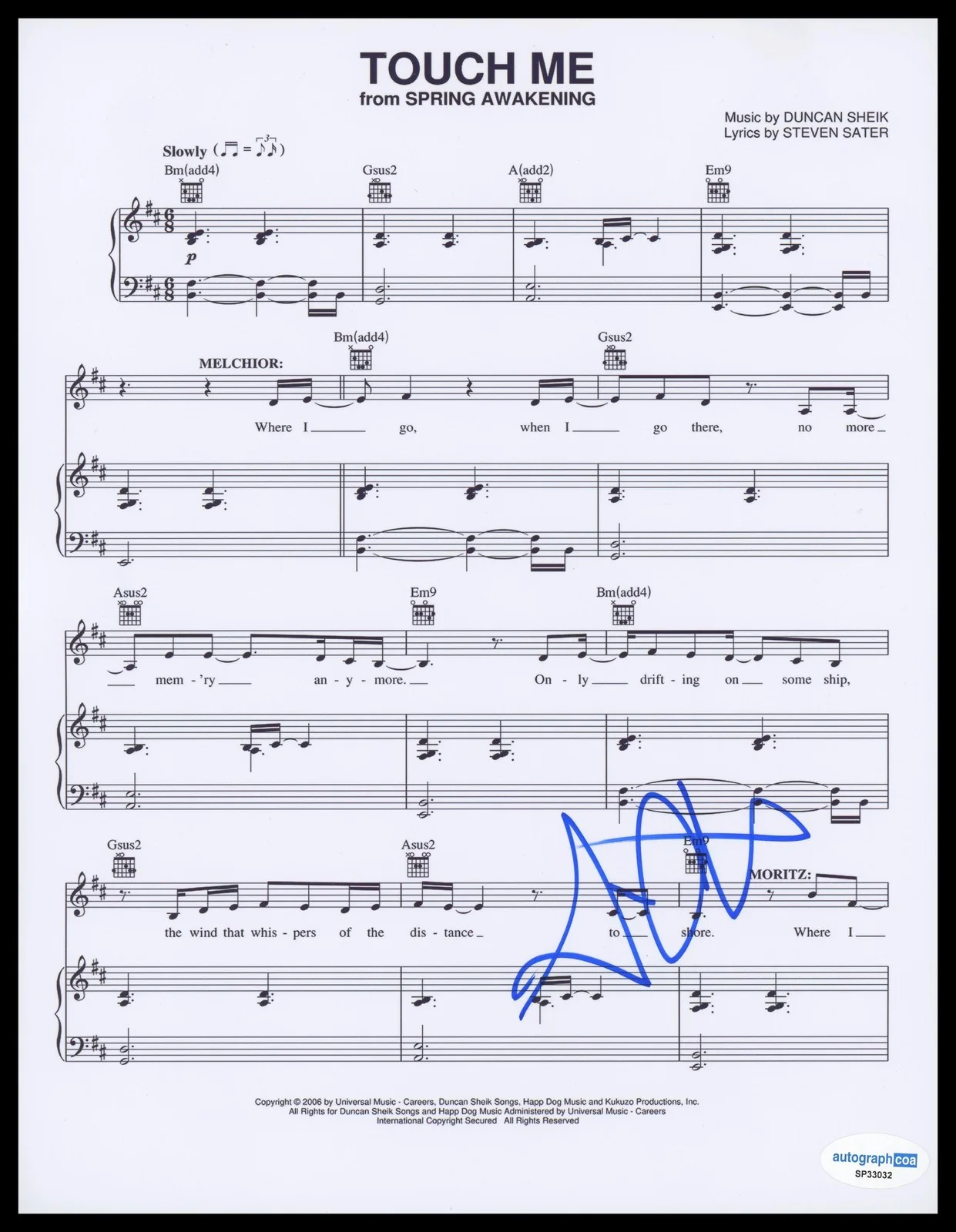 Skylar Astin — Skylar Astin "Spring Awakening" AUTOGRAPH Signed 'Touch Me' Sheet Music ACOA