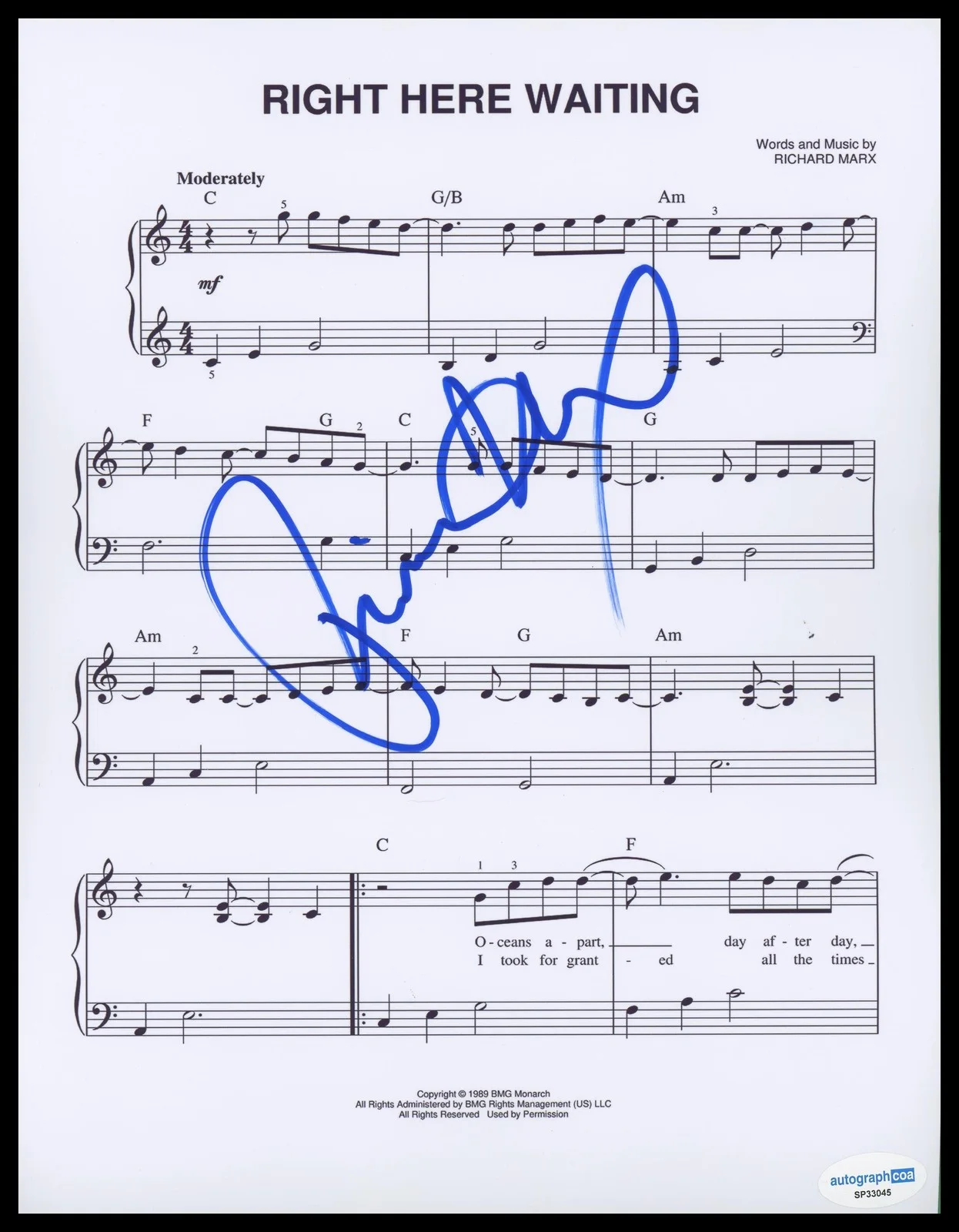 Richard Marx — Richard Marx "Right Here Waiting" AUTOGRAPH Signed 8.5x11 Sheet Music ACOA
