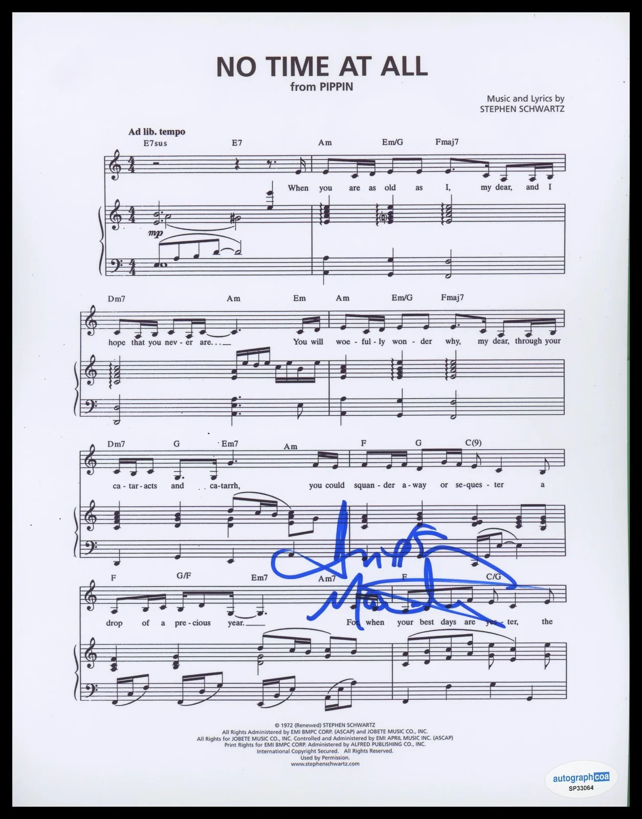Andrea Martin — Andrea Martin "Pippin" AUTOGRAPH Signed 'No Time at All' 8.5x11 Sheet Music ACOA