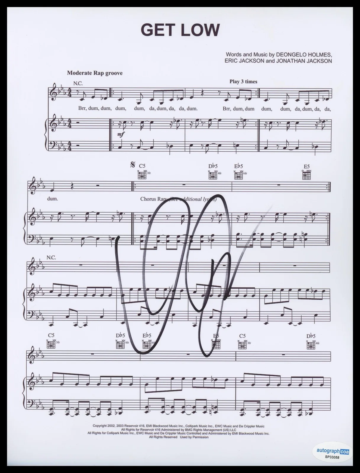 Lil Jon — Lil Jon "Kings of Crunk" AUTOGRAPH Signed 'Get Low' 8.5x11 Sheet Music ACOA