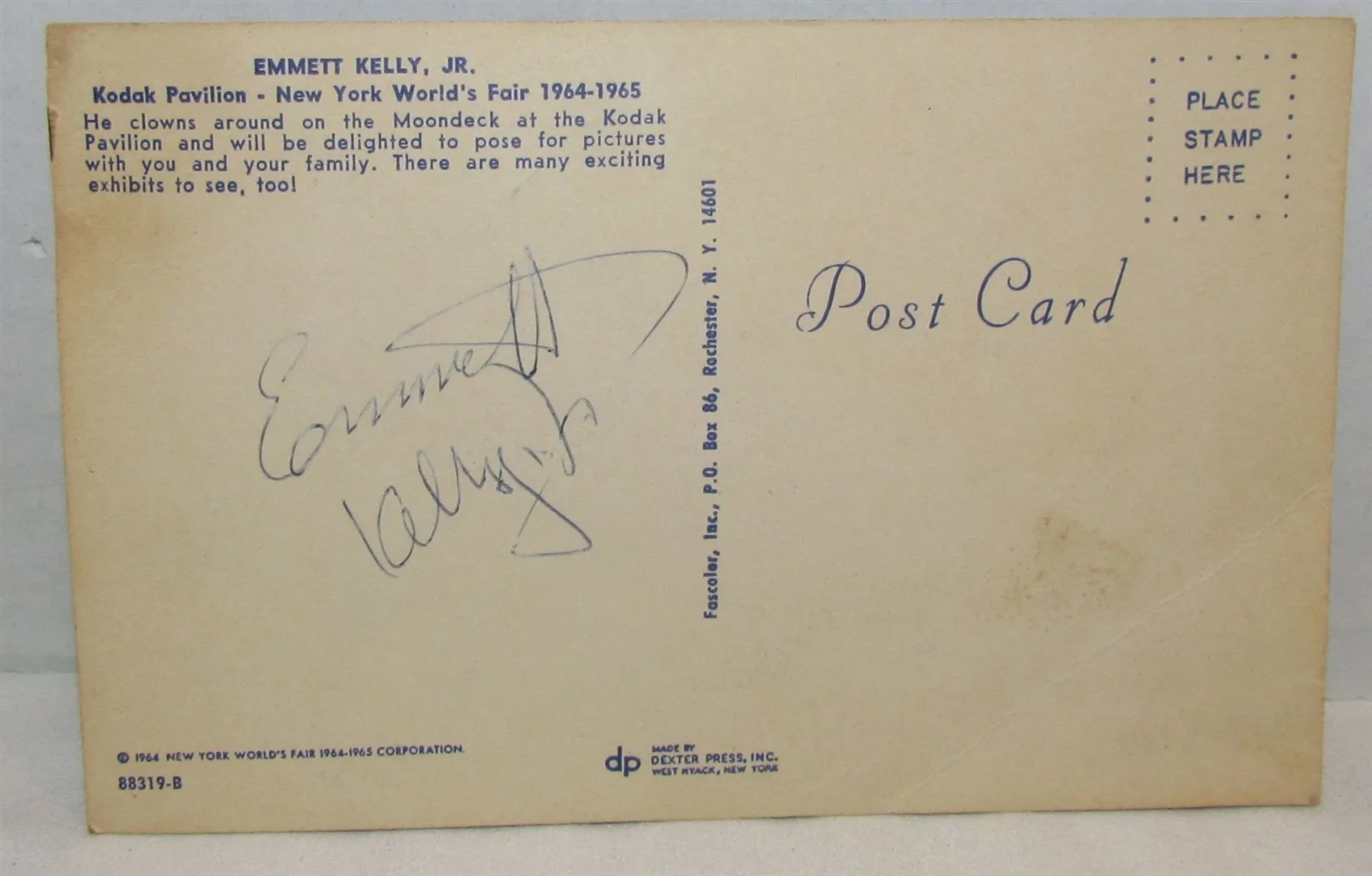 Emmett Kelly, Jr — Emmett Kelly, Jr Autographed Postcard, 1964 NY World's Fair, image 2
