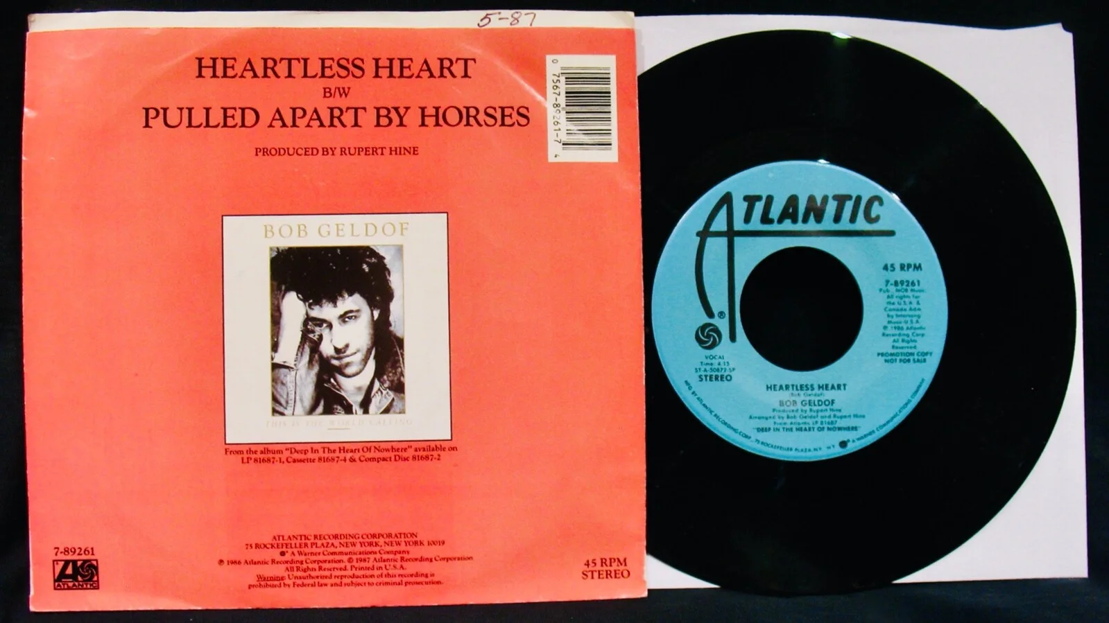 Bob Geldof Signed HEARTLESS HEART Promo Picture Sleeve & 45~The Boomtown Rats, изображение 2