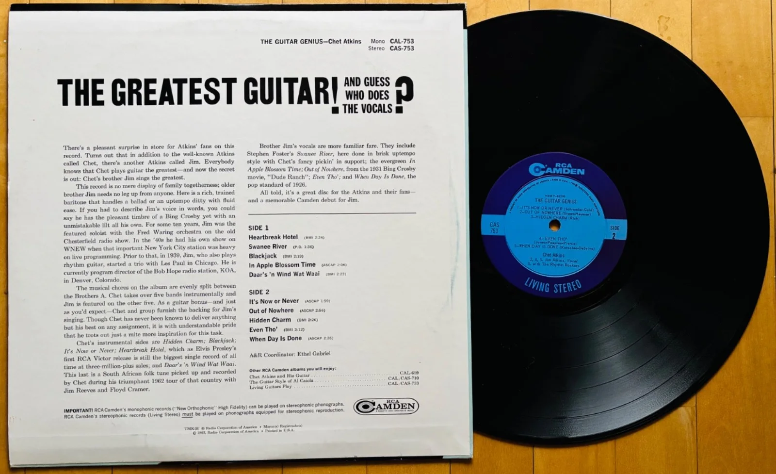 CHET ATKINS Signed THE GUITAR GENIUS Album~RCA CAMDEN #CAS 753~Mister Guitar, изображение 2