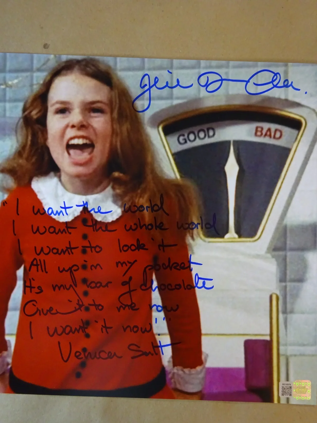 Julie Dawn Cole — Signed Julie Dawn Cole Autographed & Quote 11"X14" Willy Wonka Photo OCCM COA, изображение 3