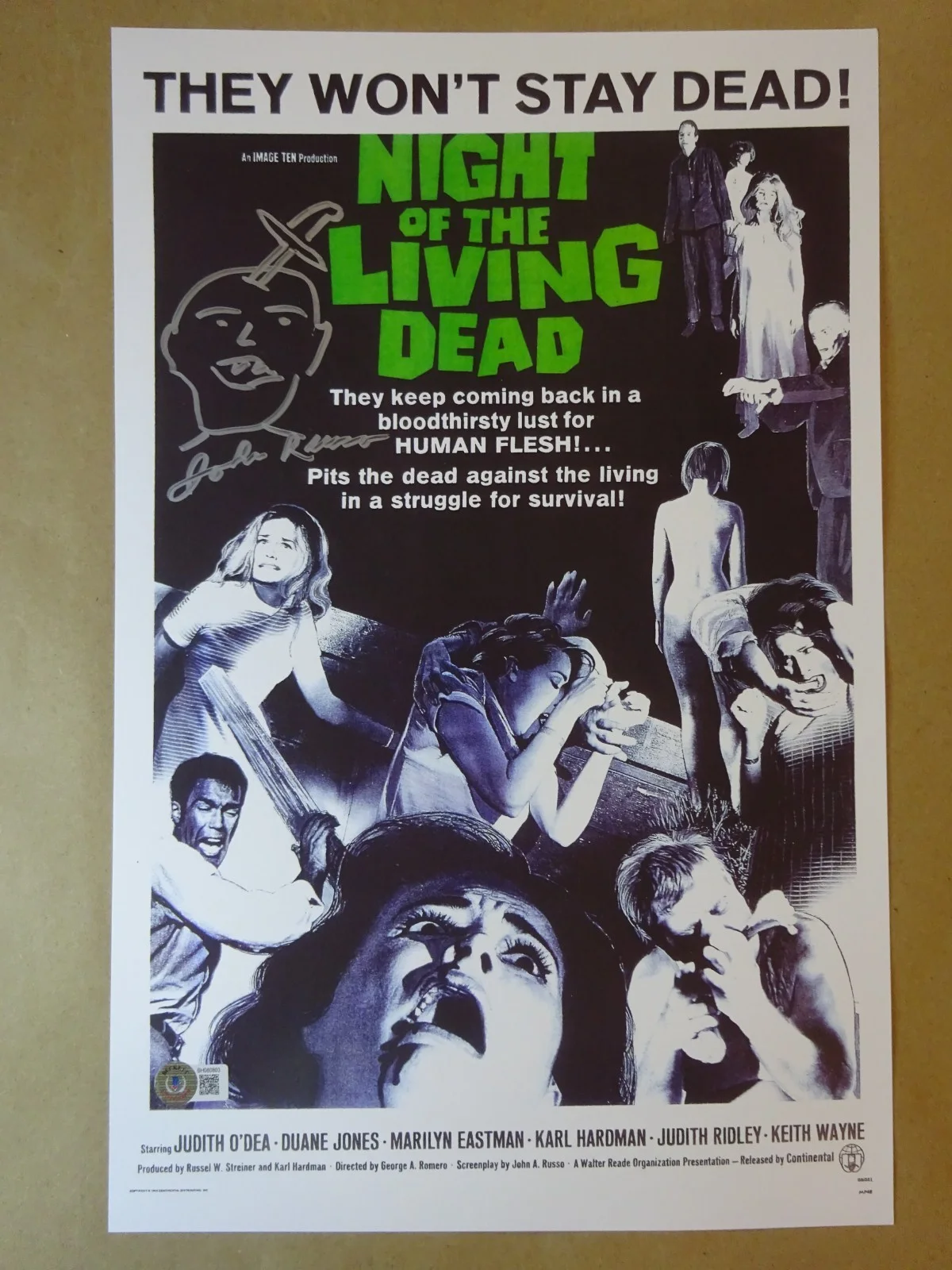 John Russo — Signed & Sketch John Russo Night Of The Living Dead 11"x17" Photo Beckett COA