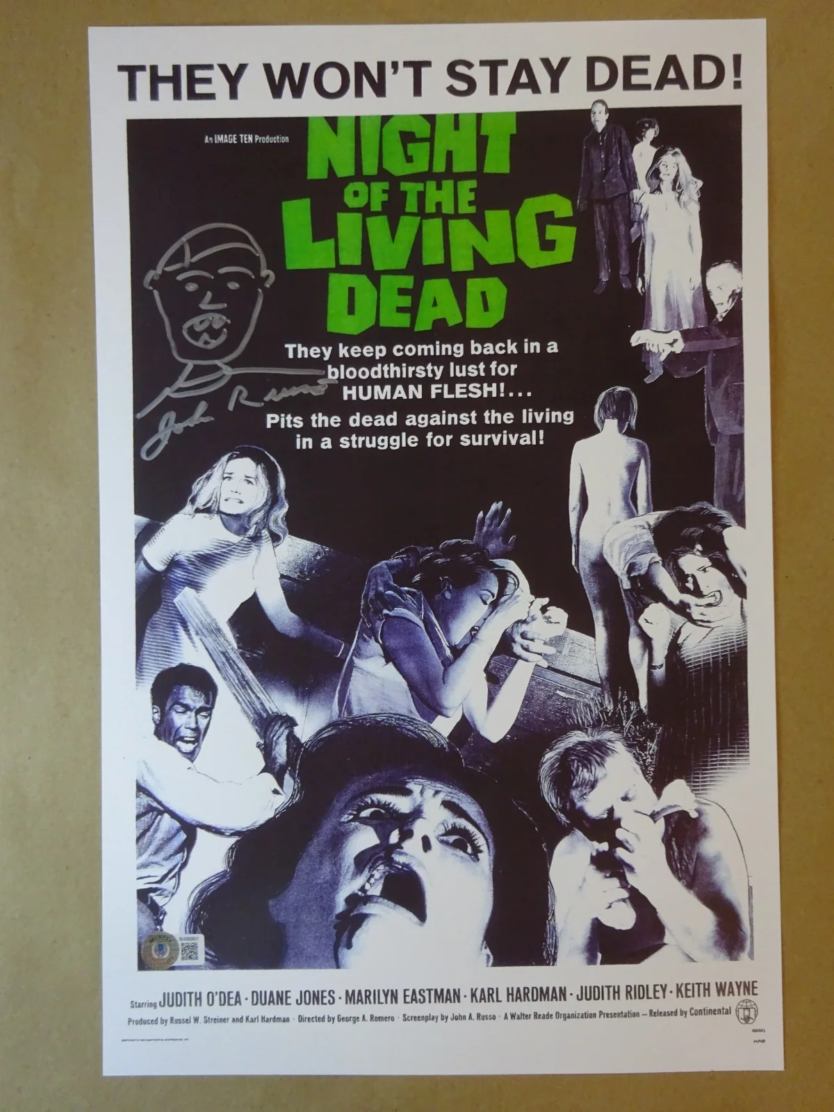 John Russo — Signed & Sketch John Russo Night Of The Living Dead 11"x17" Photo Beckett COA