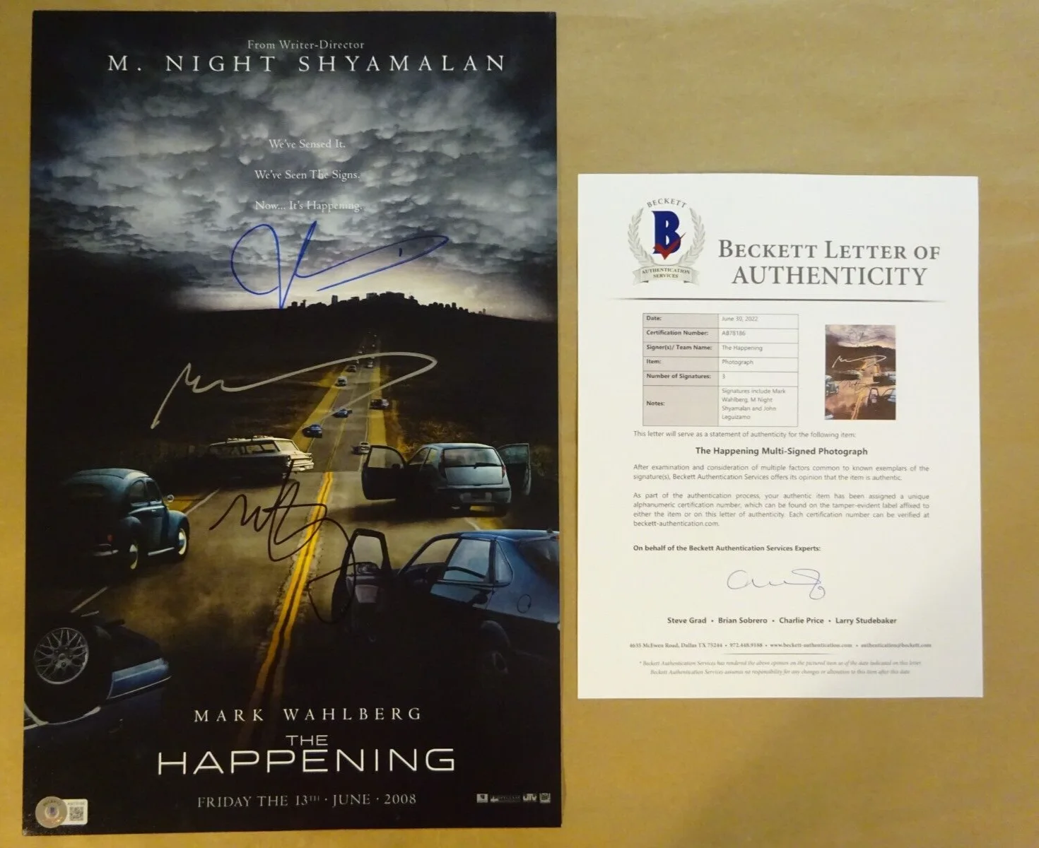 M Night Shyamalan, Mark Wahlberg, John Leguizamo — Signed The Happening 11x17 Photo Autographed by 3 Beckett COA LOA Mark Wahlberg
