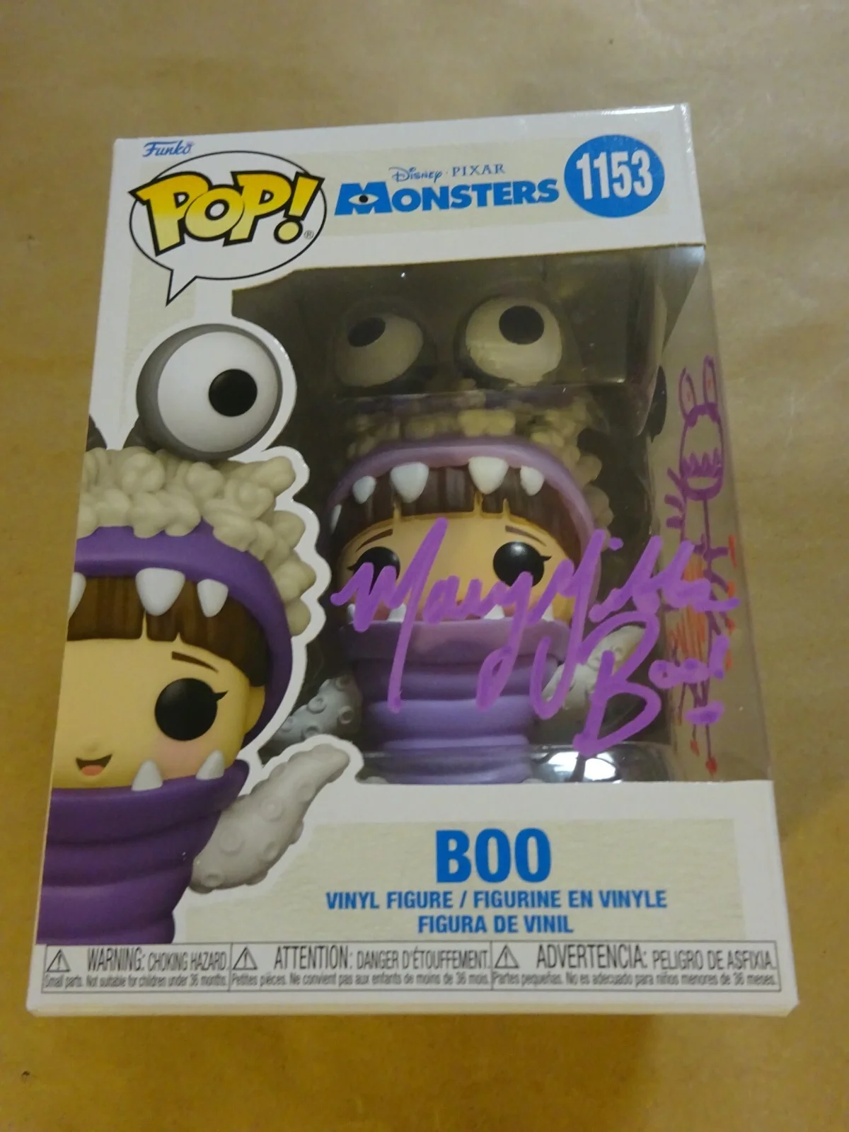 Mary Gibbs — Autographed Mary Gibbs Signed & Sketch Boo Monsters Inc #1153 Funko Pop BAS COA