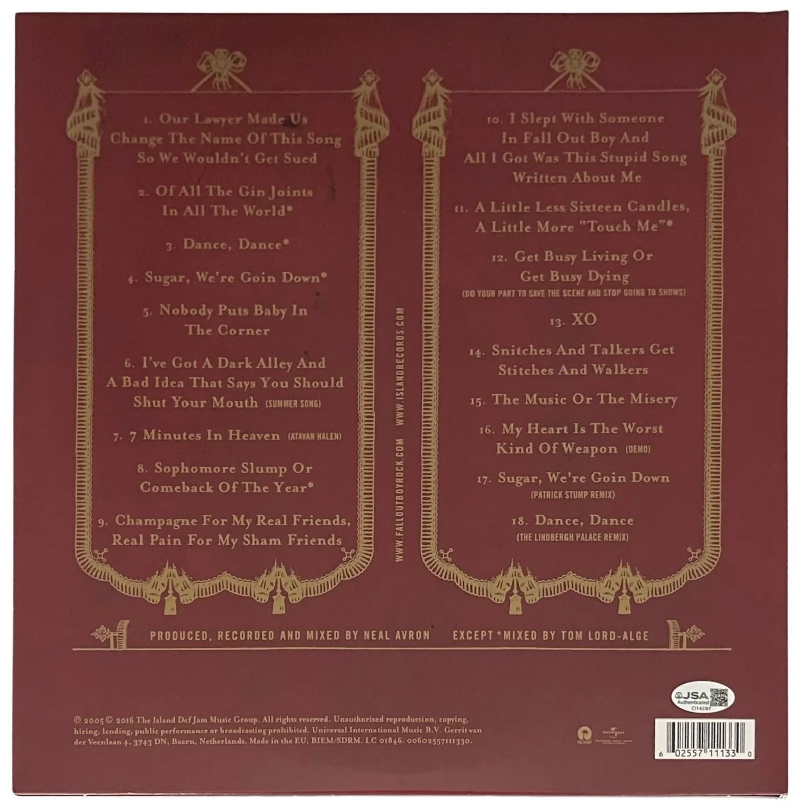 FALL OUT BOY X4 PETE WENTZ SIGNED FROM UNDER THE CORK TREE RECORD PROOF JSA COA, image 2