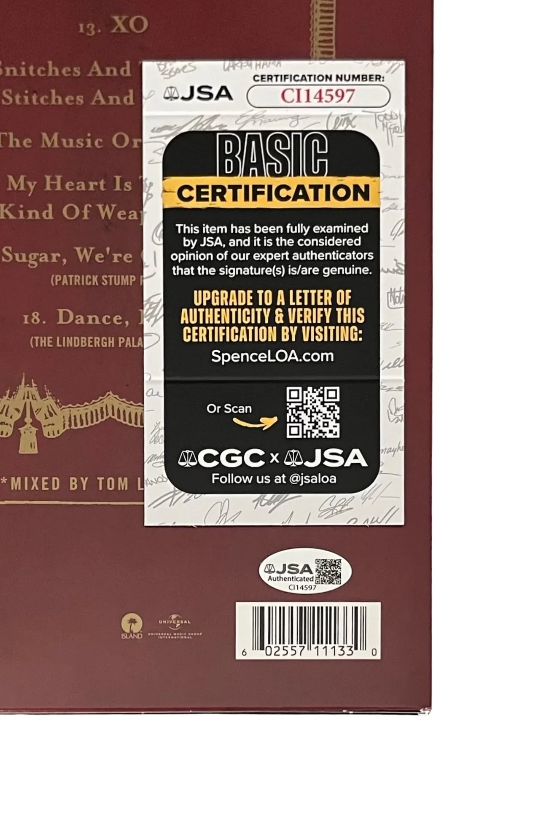 FALL OUT BOY X4 PETE WENTZ SIGNED FROM UNDER THE CORK TREE RECORD PROOF JSA COA, image 3