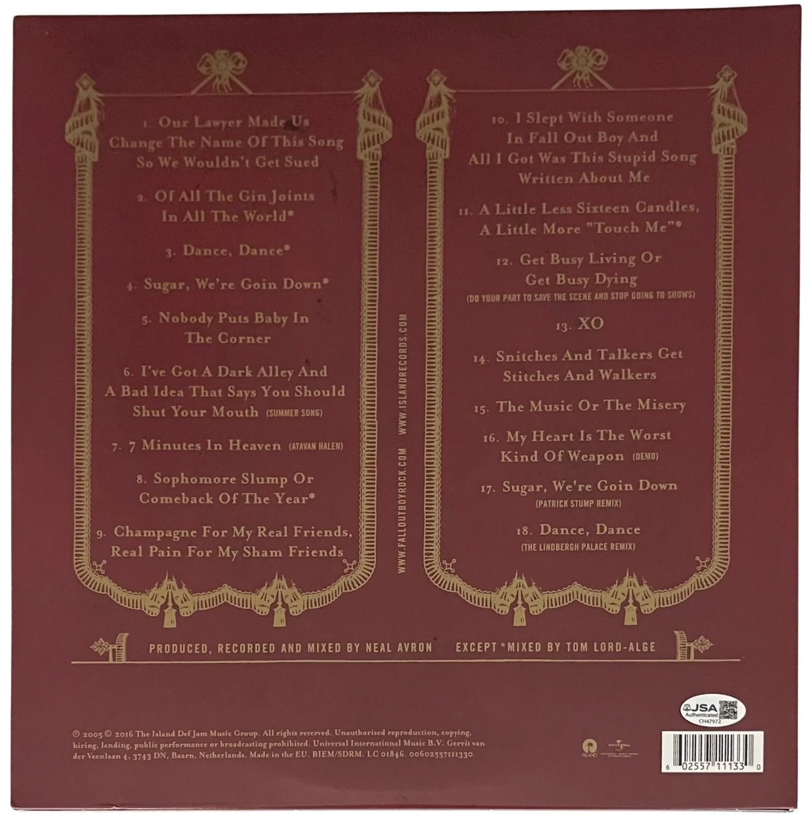 FALL OUT BOY X4 PETE WENTZ SIGNED FROM UNDER THE CORK TREE RECORD PROOF JSA COA, image 2