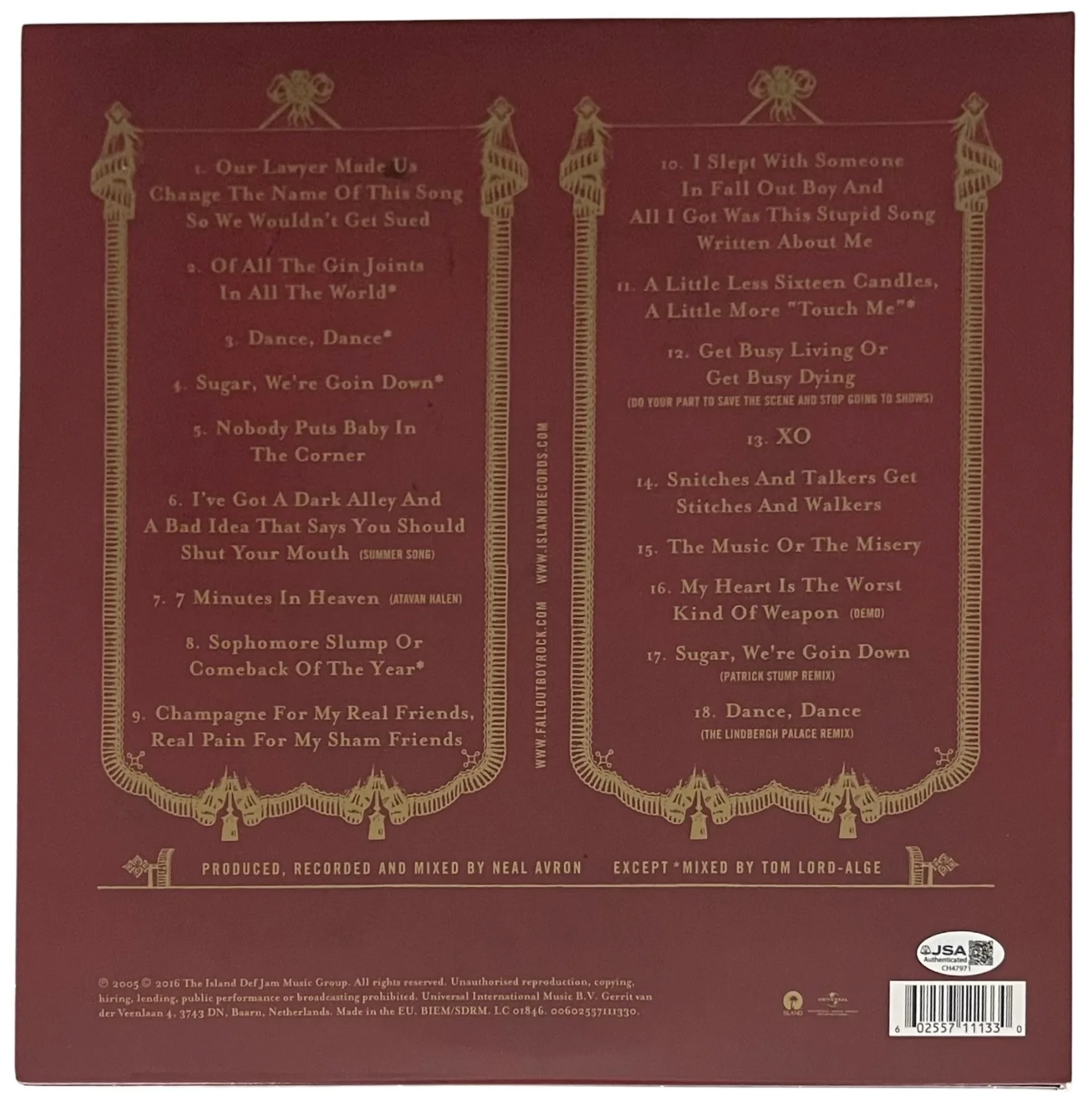 FALL OUT BOY X4 PETE WENTZ SIGNED FROM UNDER THE CORK TREE RECORD PROOF JSA COA, image 2