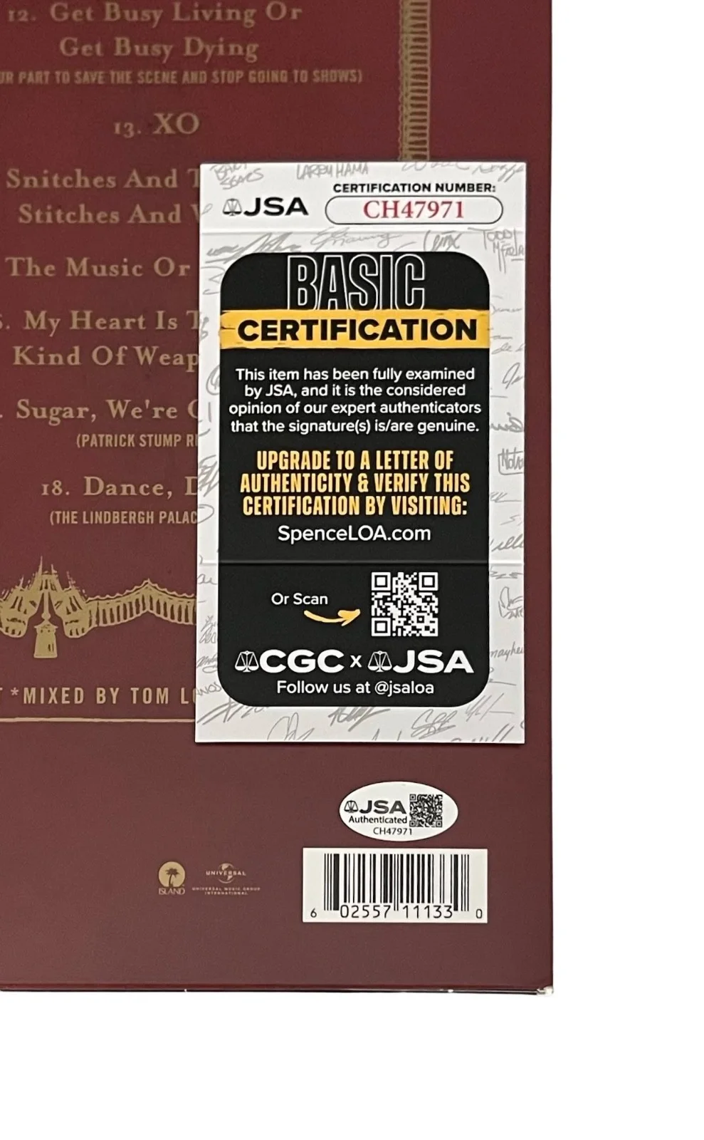 FALL OUT BOY X4 PETE WENTZ SIGNED FROM UNDER THE CORK TREE RECORD PROOF JSA COA, image 3