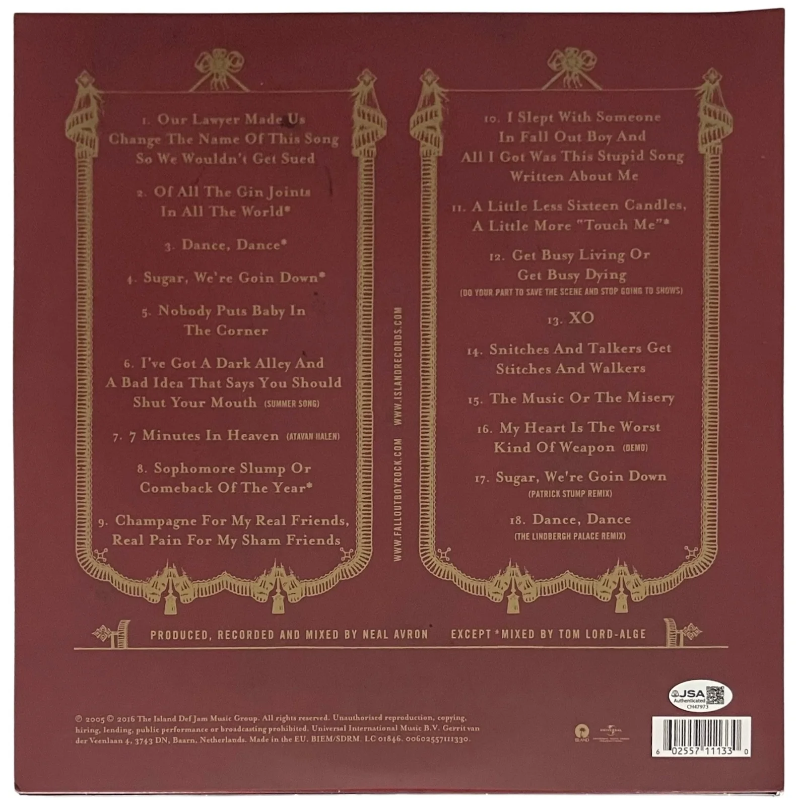 FALL OUT BOY X4 PETE WENTZ SIGNED FROM UNDER THE CORK TREE RECORD PROOF JSA COA, image 2