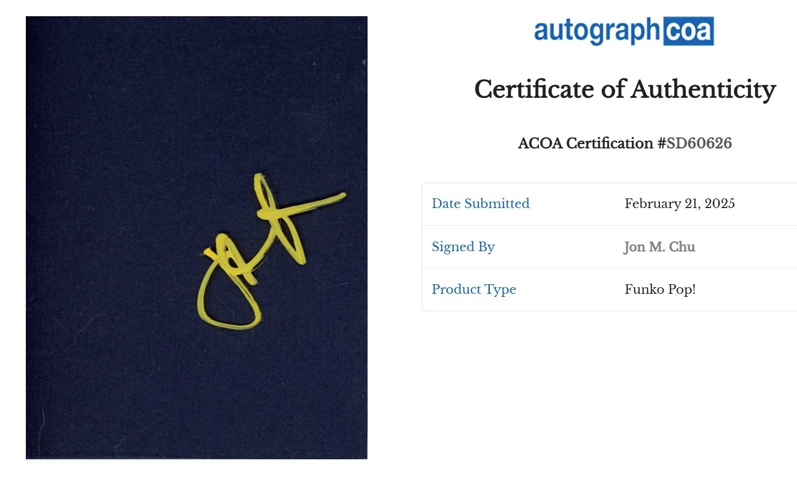 JON M CHU — FUNKO POP #1699 JON M CHU SIGNED GLINDA IN NIGHTGOWN WICKED AutographCOA SD60626, изображение 4