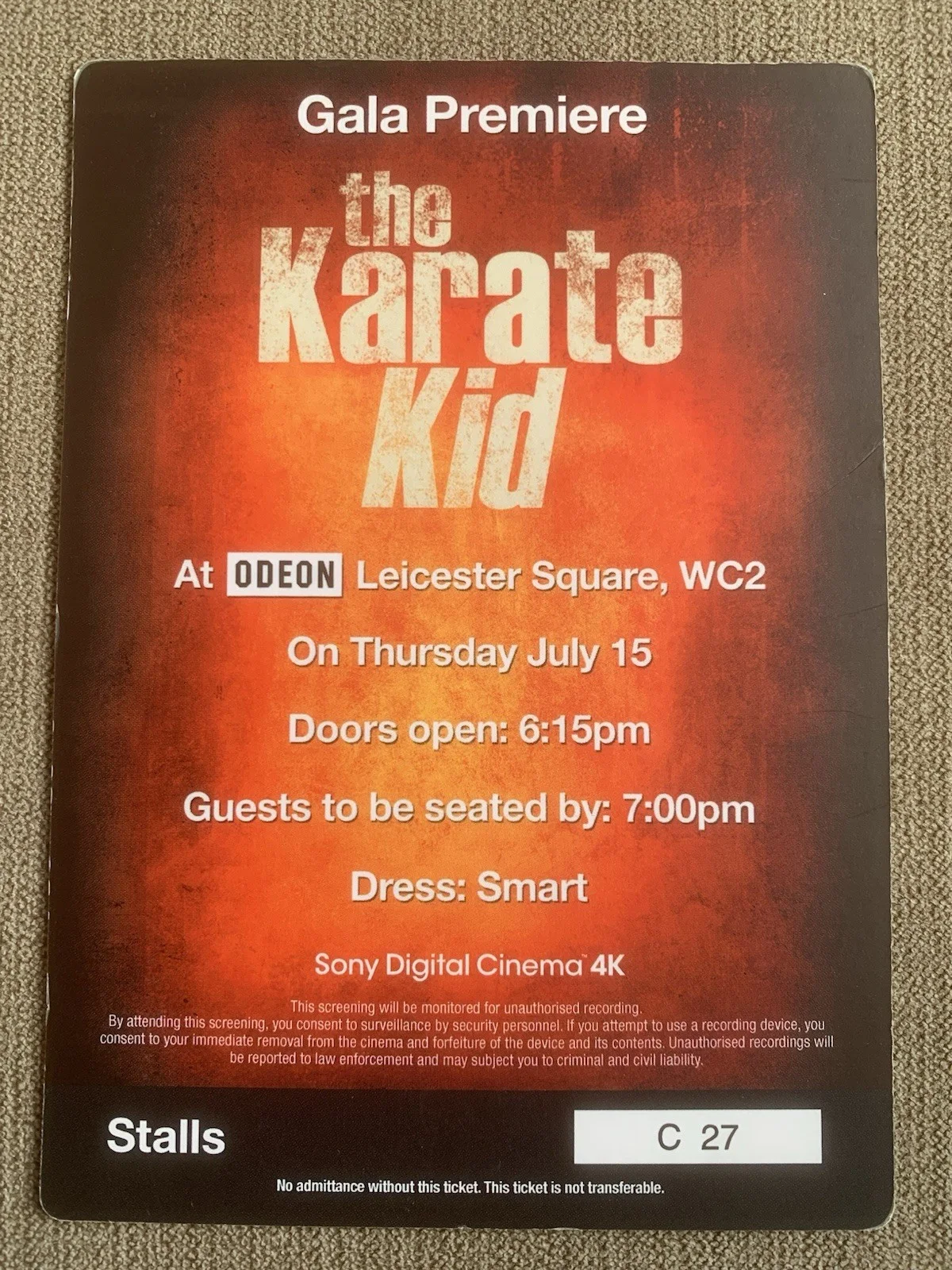 The Karate Kid 2010 UK Gala Premiere Ticket Jackie Chan Movie Memorabilia - Rare, изображение 2