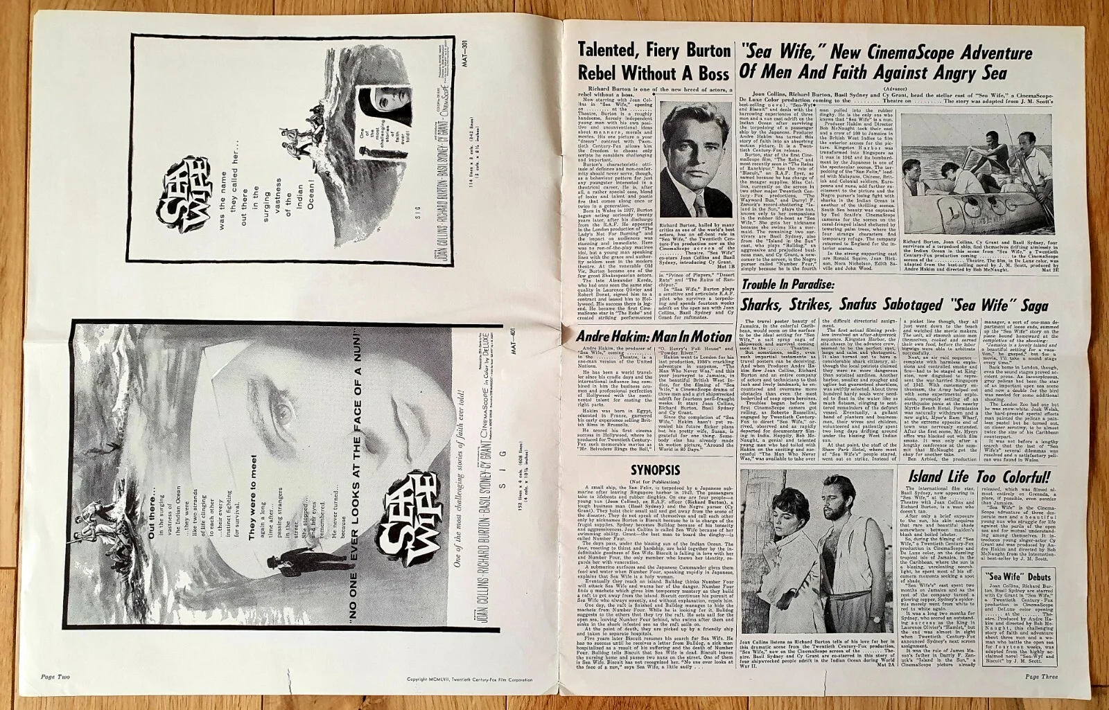 SEA WIFE - LARGE VINTAGE ORIGINAL 1957 US PRESSBOOK JOAN COLLINS, RICHARD BURTON, изображение 2
