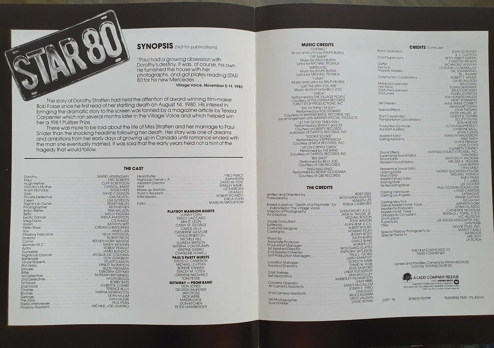 STAR 80 - VINTAGE ORIGINAL PRESS INFO SYNOPSIS BOOKLET - MARIEL HEMINGWAY, FOSSE, изображение 2