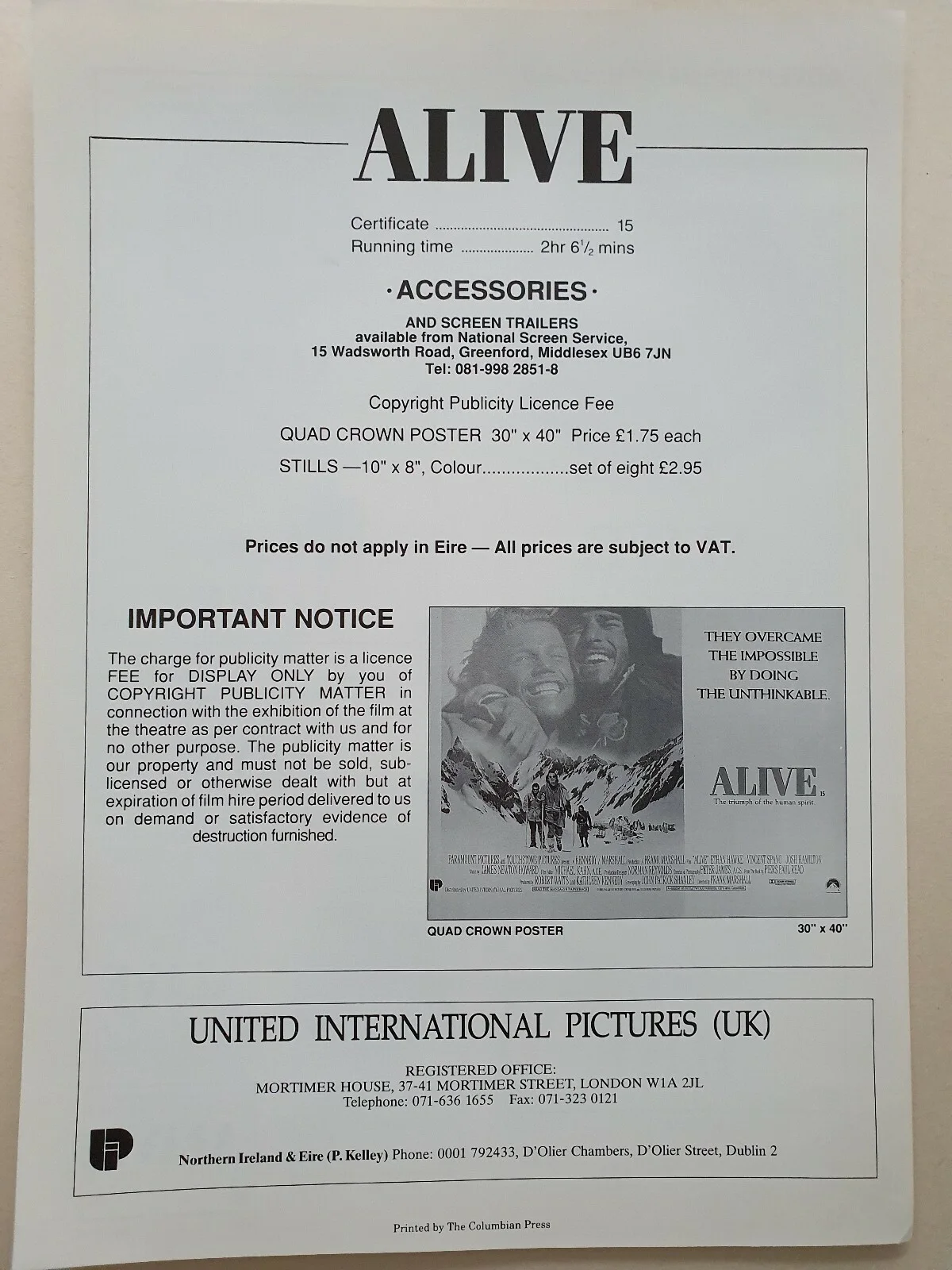 ALIVE - VINTAGE PRESS AD SHEET & SYNOPSIS BOOKLET - ETHAN HAWKE, JOSH HAMILTON, image 3