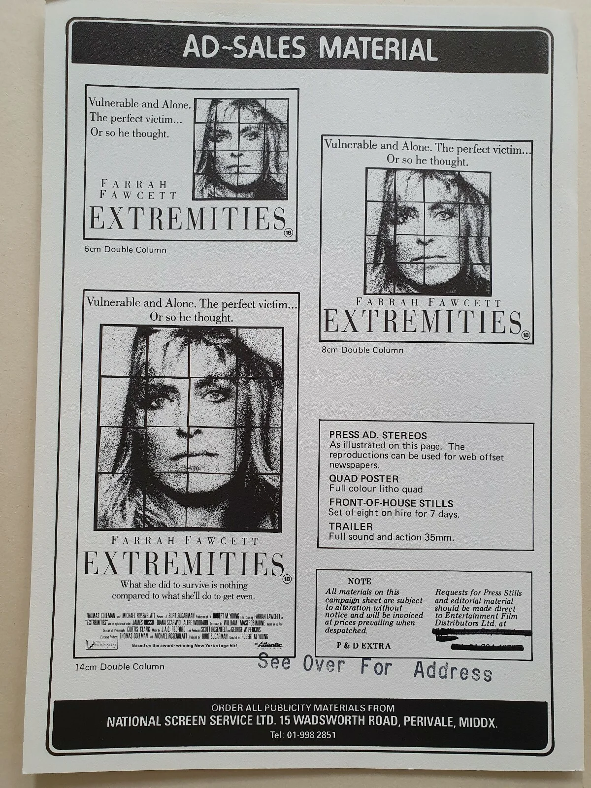 FARRAH FAWCETT - EXTREMITIES - 2 VINTAGE ORIGINAL PRESS INFO SYNOPSIS SHEETS, image 2