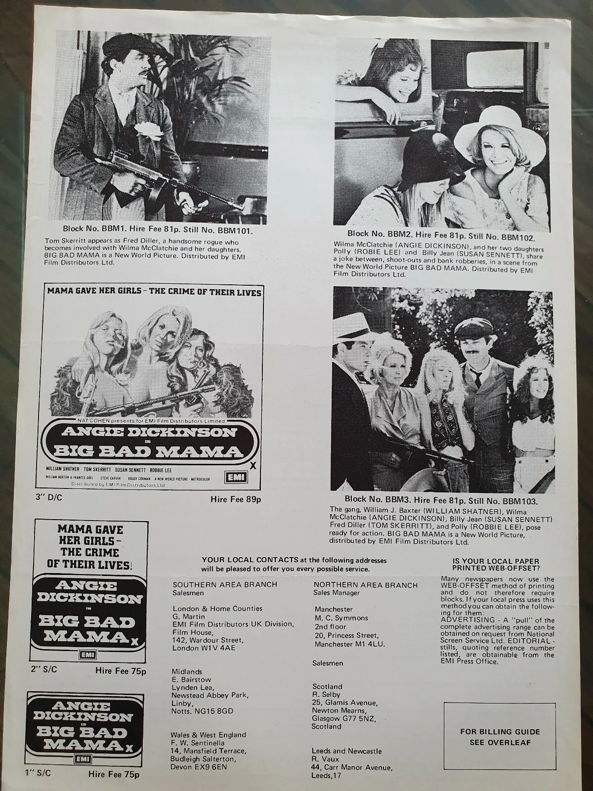 BIG BAD MAMA - VINTAGE ORIGINAL 1974 PRESS INFO SHEET - ANGIE DICKINSON, SHATNER, image 2
