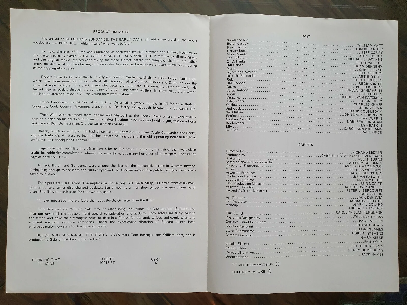 BUTCH & SUNDANCE - VINTAGE PRESS INFO SYNOPSIS BOOKLET - TOM BERENGER, WILL KATT, изображение 2