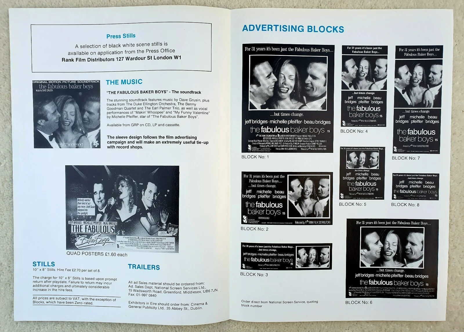 FABULOUS BAKER BOYS ORIGINAL UK PRESSBOOK & SYNOPSIS BOOKLET - PFEIFFER, BRIDGES, изображение 3