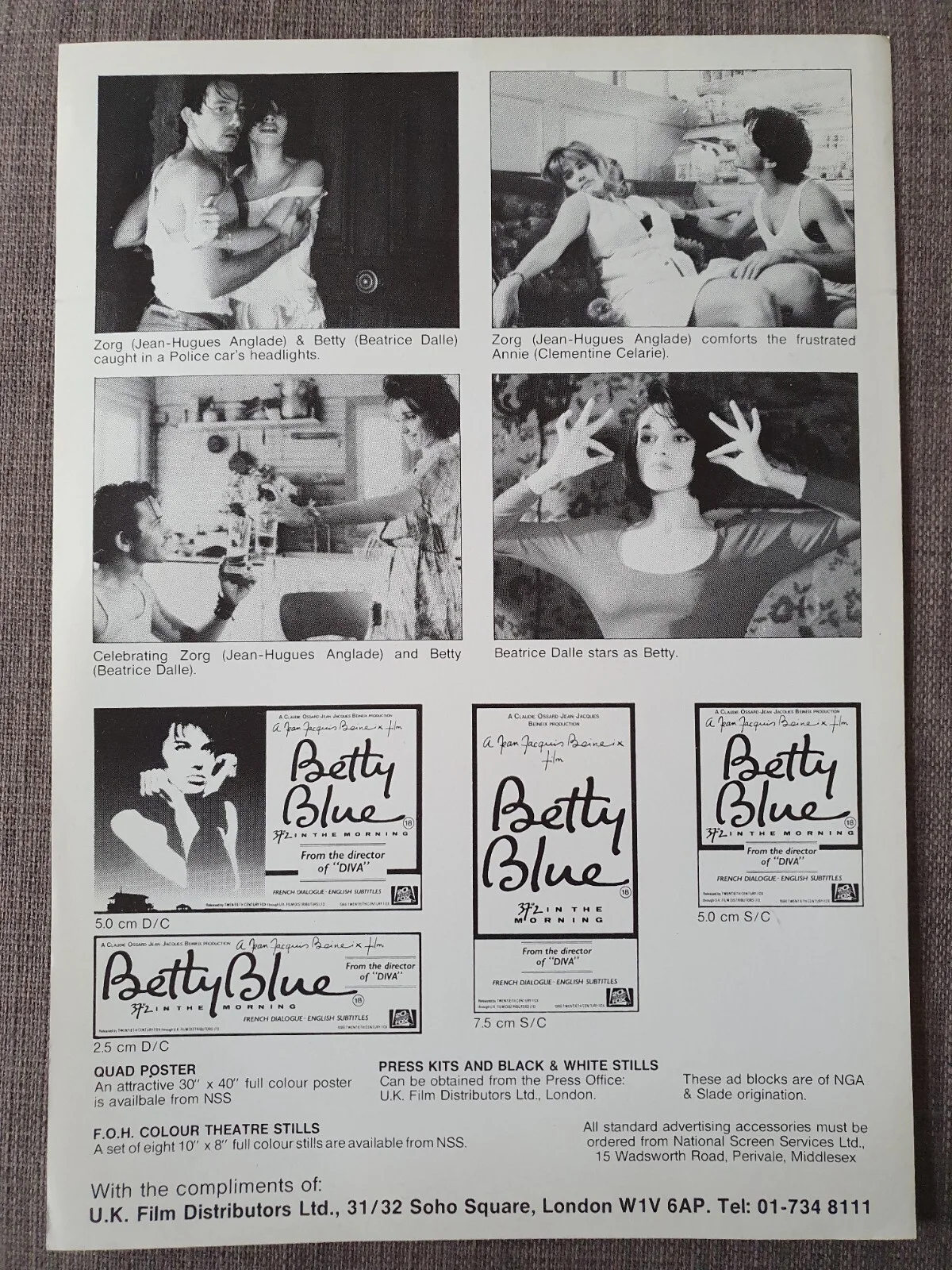BETTY BLUE VINTAGE ORIGINAL PRESS ADVERTISING & SYNOPSIS SHEET - BEATRICE DALLE, image 2