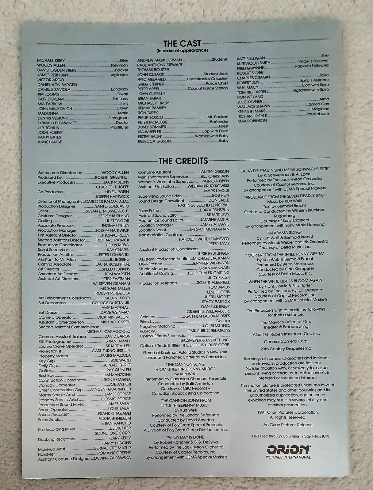 SHADOWS AND FOG - VINTAGE SYNOPSIS BOOKLET - WOODY ALLEN, MADONNA, JODIE FOSTER, изображение 3