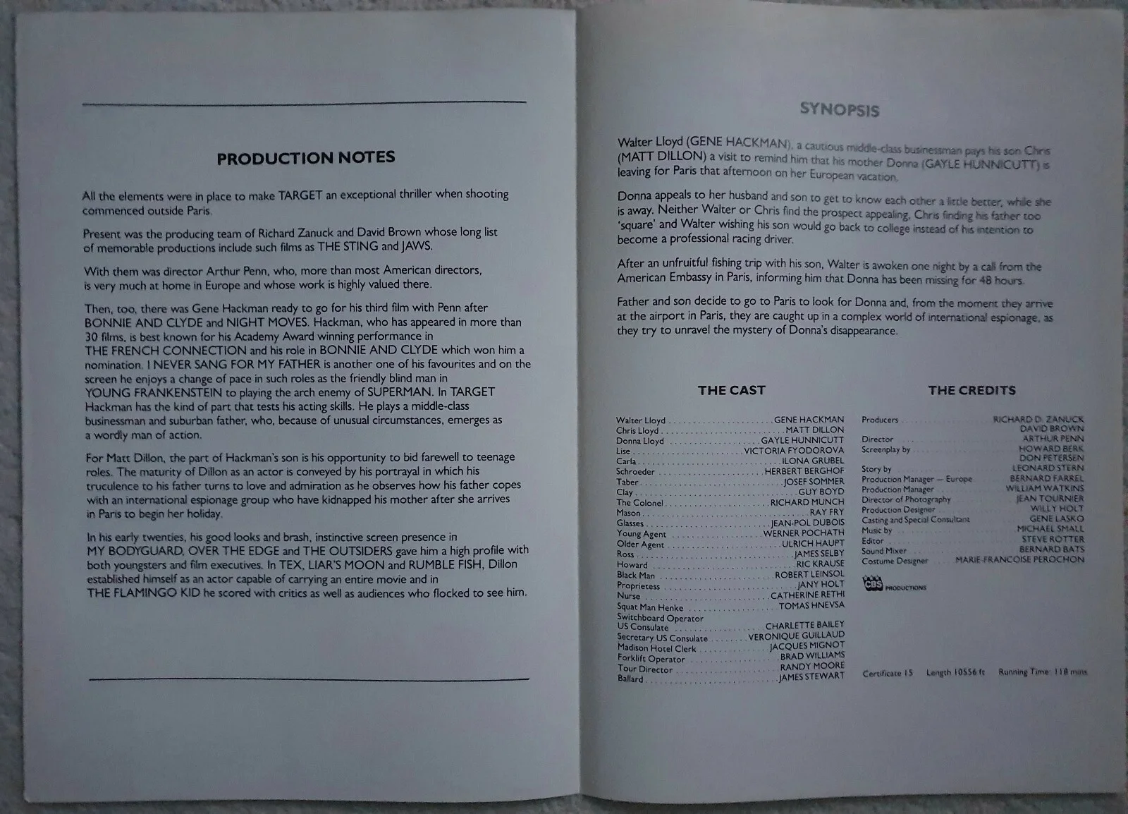 TARGET - VINTAGE PRESS INFORMATION SYNOPSIS BOOKLET - GENE HACKMAN, MATT DILLON, image 2