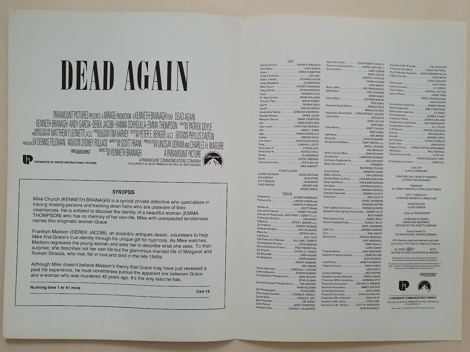 DEAD AGAIN - 2 VINTAGE PRESS INFO SYNOPSIS BOOKLETS - EMMA THOMPSON, KEN BRANAGH, image 2