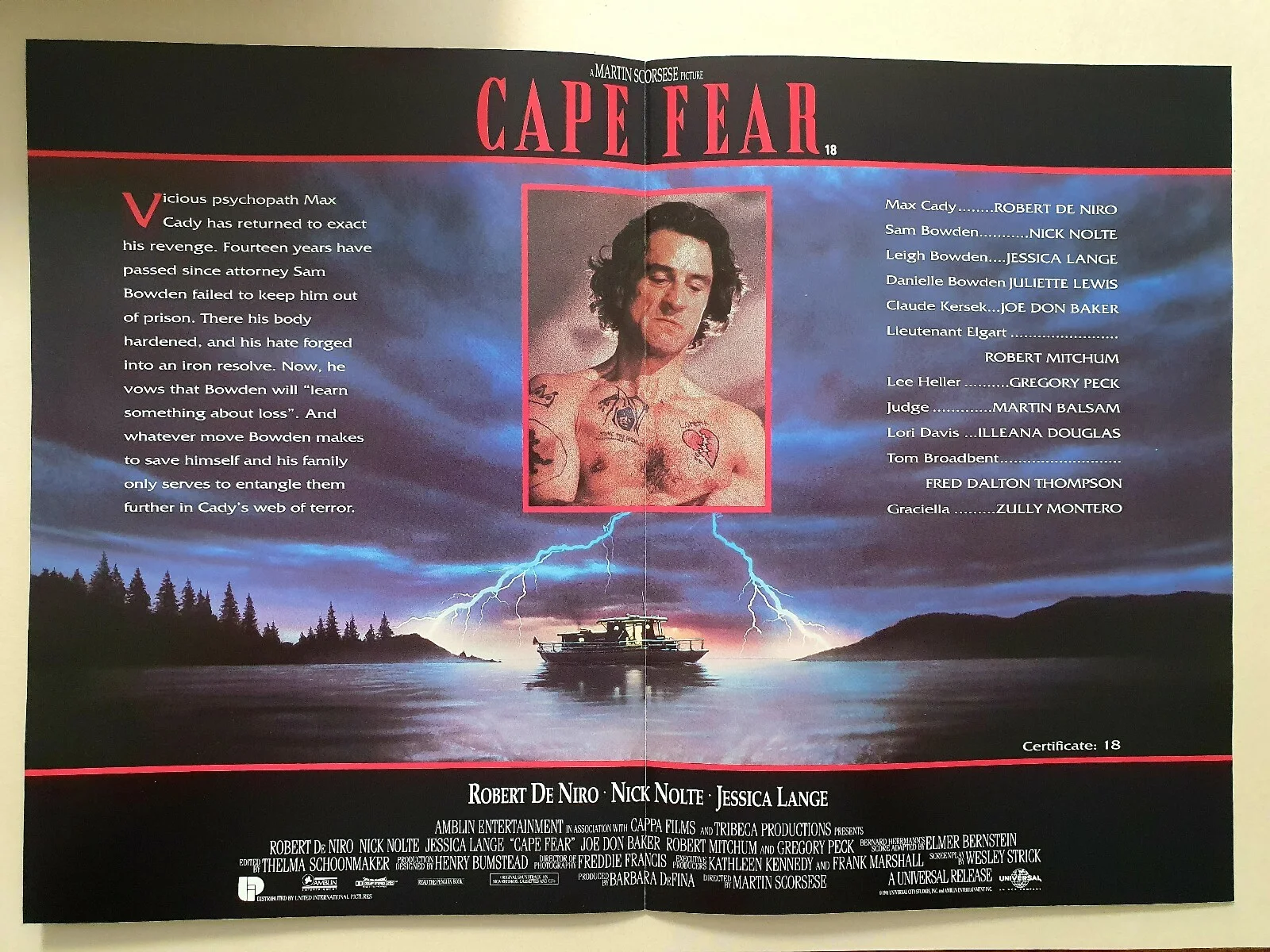 CAPE FEAR - 2 VINTAGE COLOUR SYNOPSIS BOOKLETS - DE NIRO, NOLTE, LANGE, MITCHUM, изображение 2