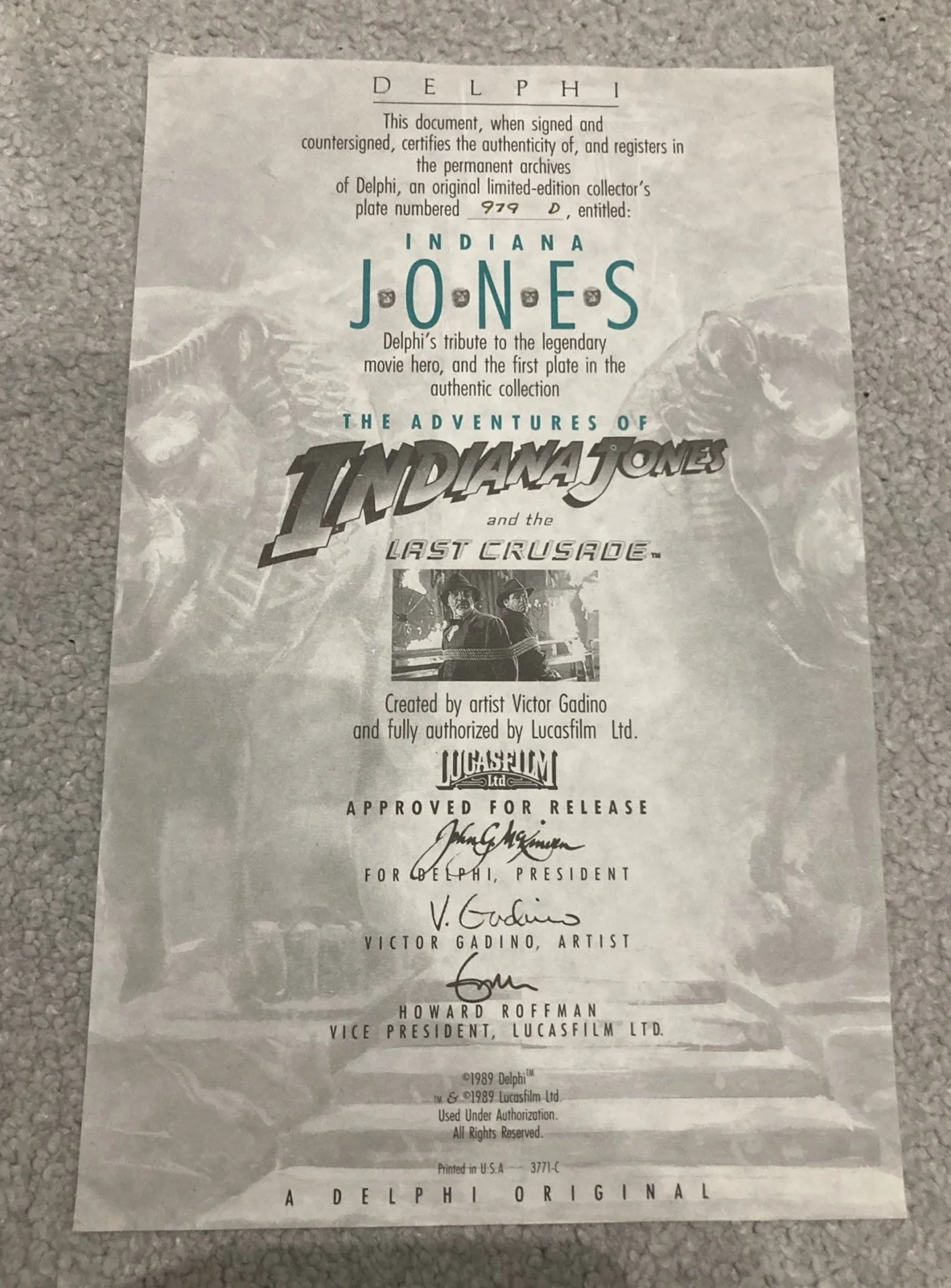 Indiana Jones & The Last Crusade 1st Collectors Plate Ltd Edition Box COA 1989, изображение 3