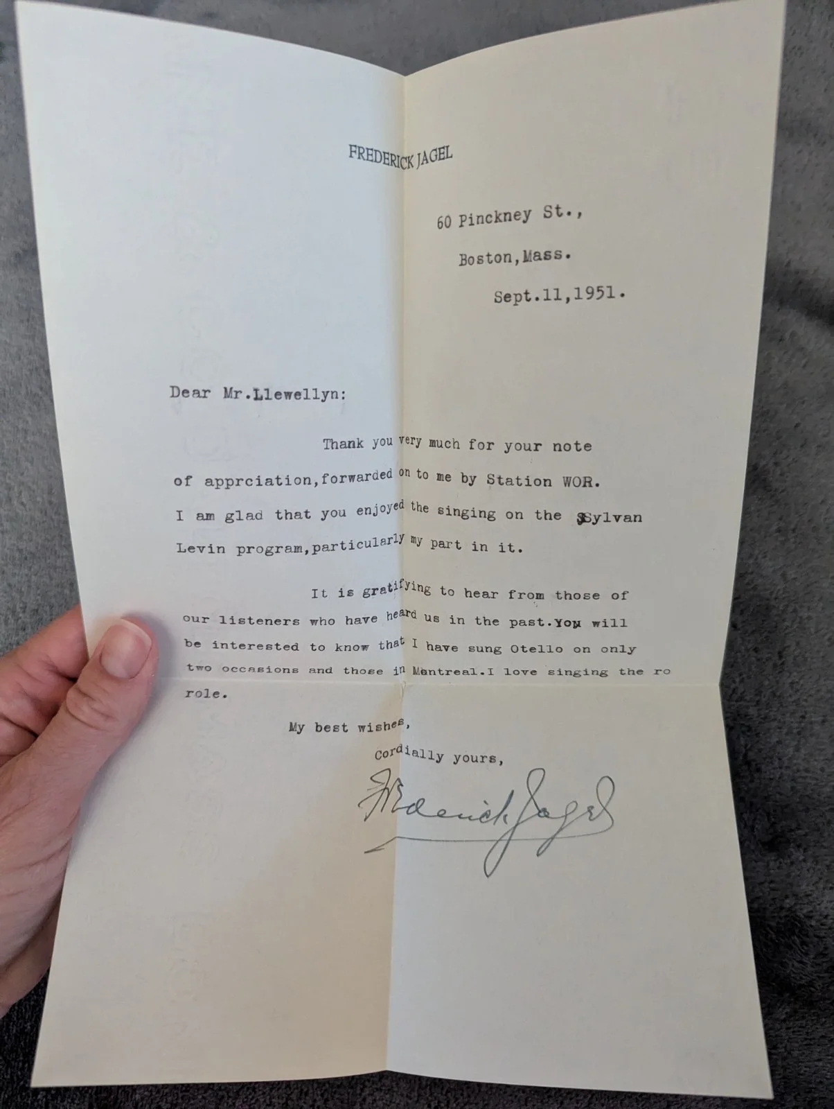 Rare Signed Letter Frederick Jagel Opera Tenor Singer 1951, изображение 2