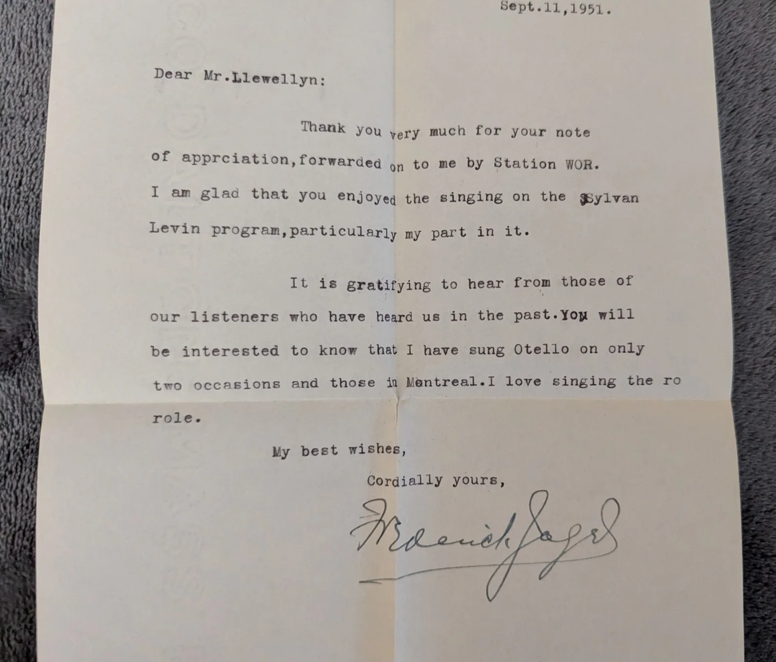Rare Signed Letter Frederick Jagel Opera Tenor Singer 1951, изображение 3