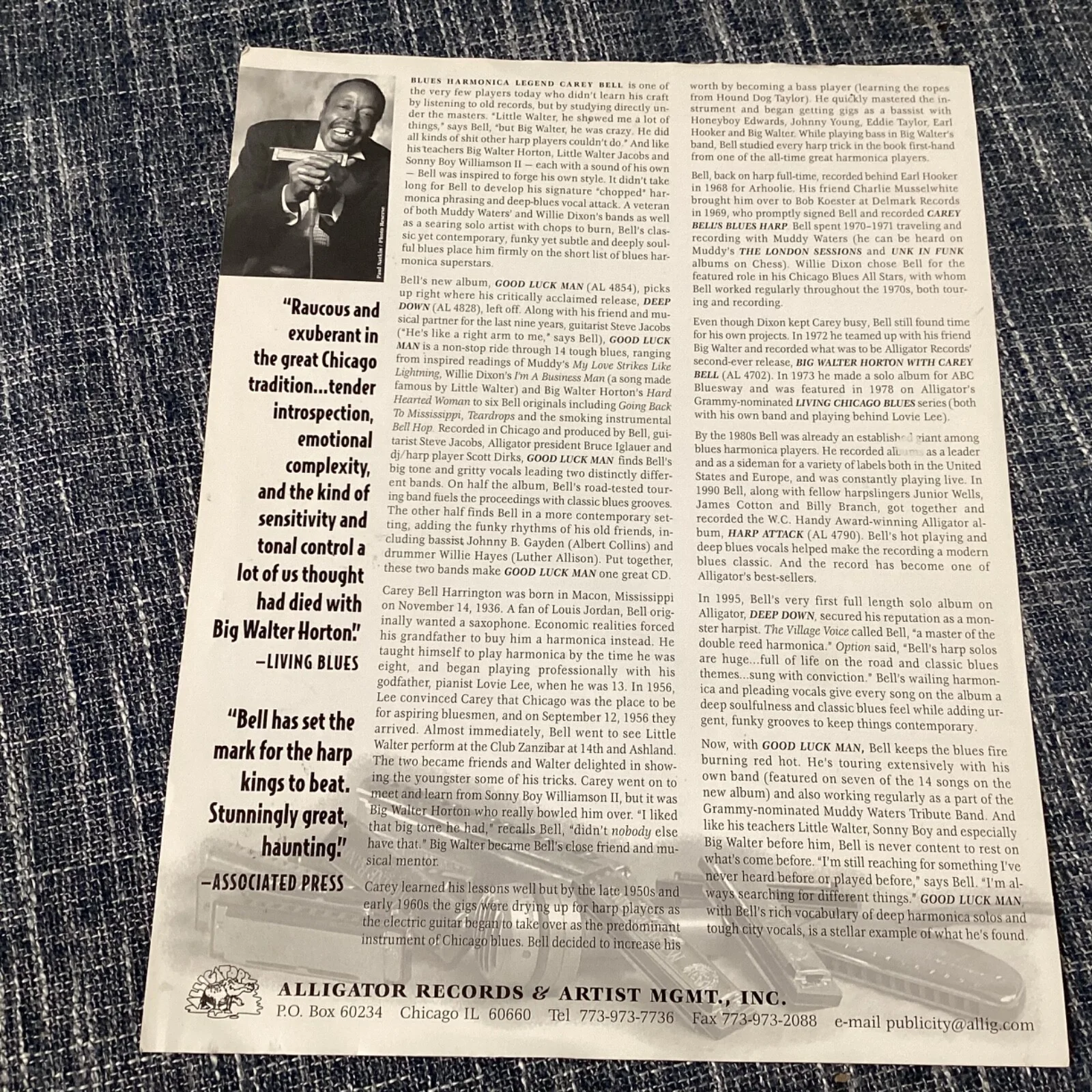 CAREY BELL Signed Autographed Blues Promo Alligator Flyer Muddy Waters Harmonica, изображение 3