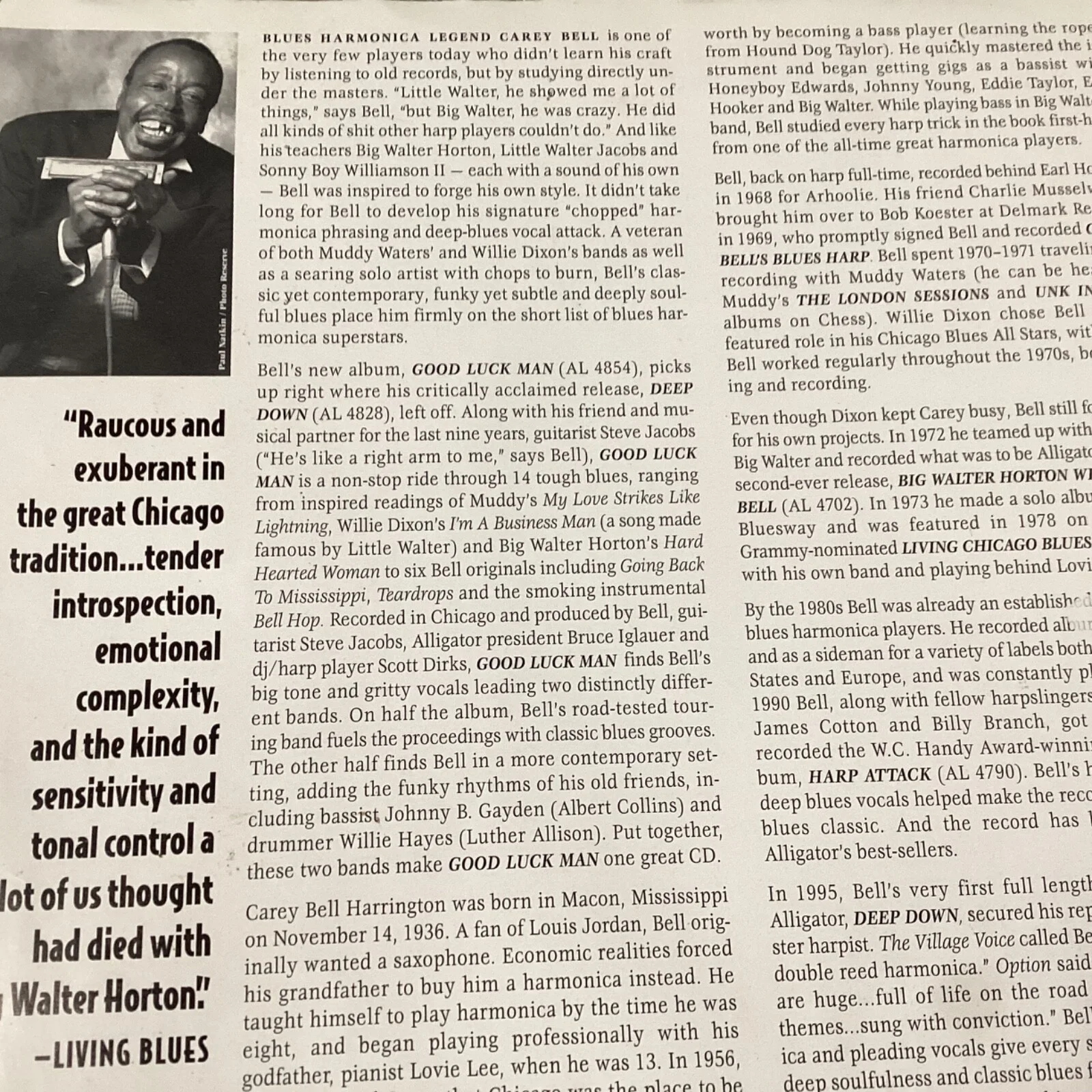 CAREY BELL Signed Autographed Blues Promo Alligator Flyer Muddy Waters Harmonica, изображение 5